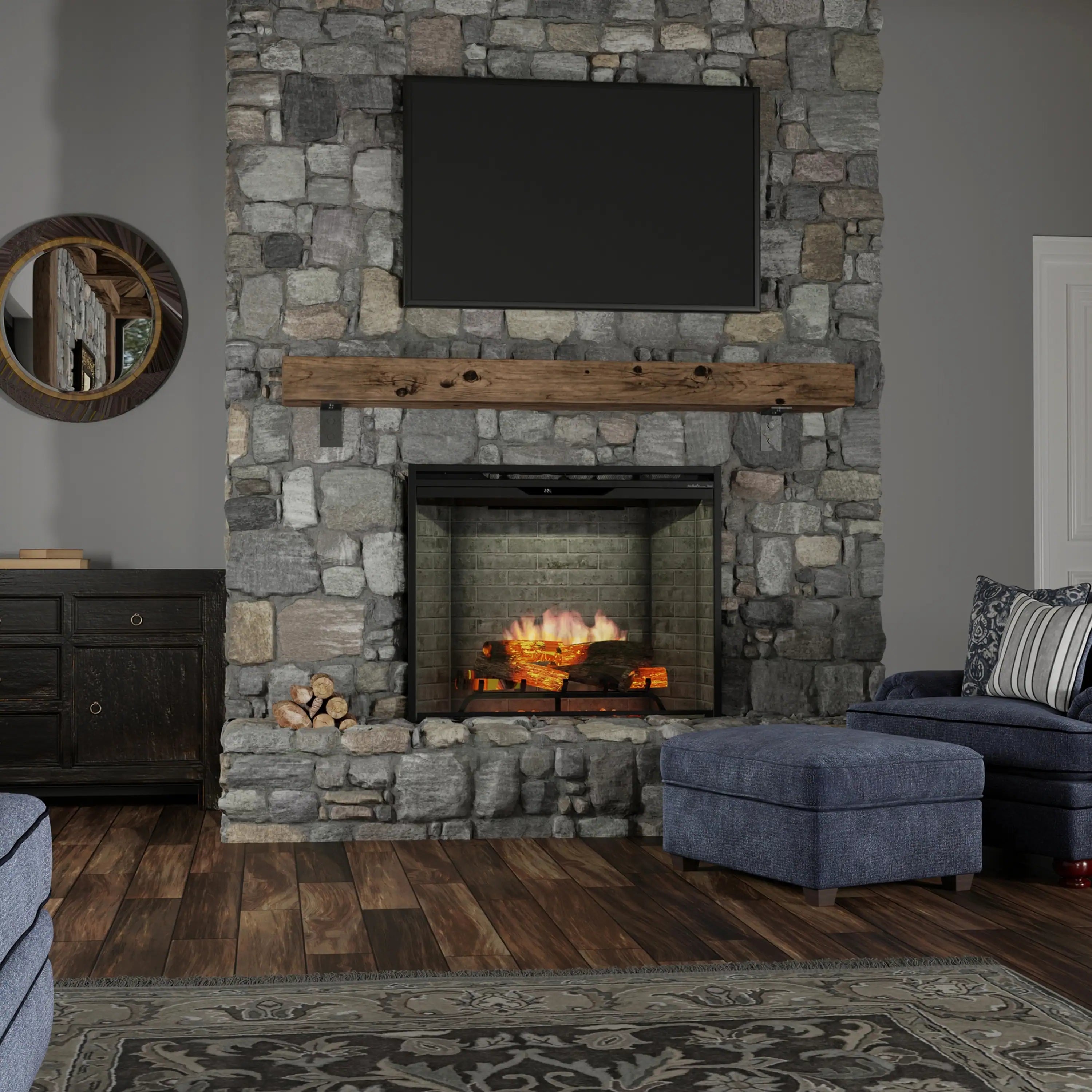 Built-in electric firebox with stone-style surround and glowing flame effect