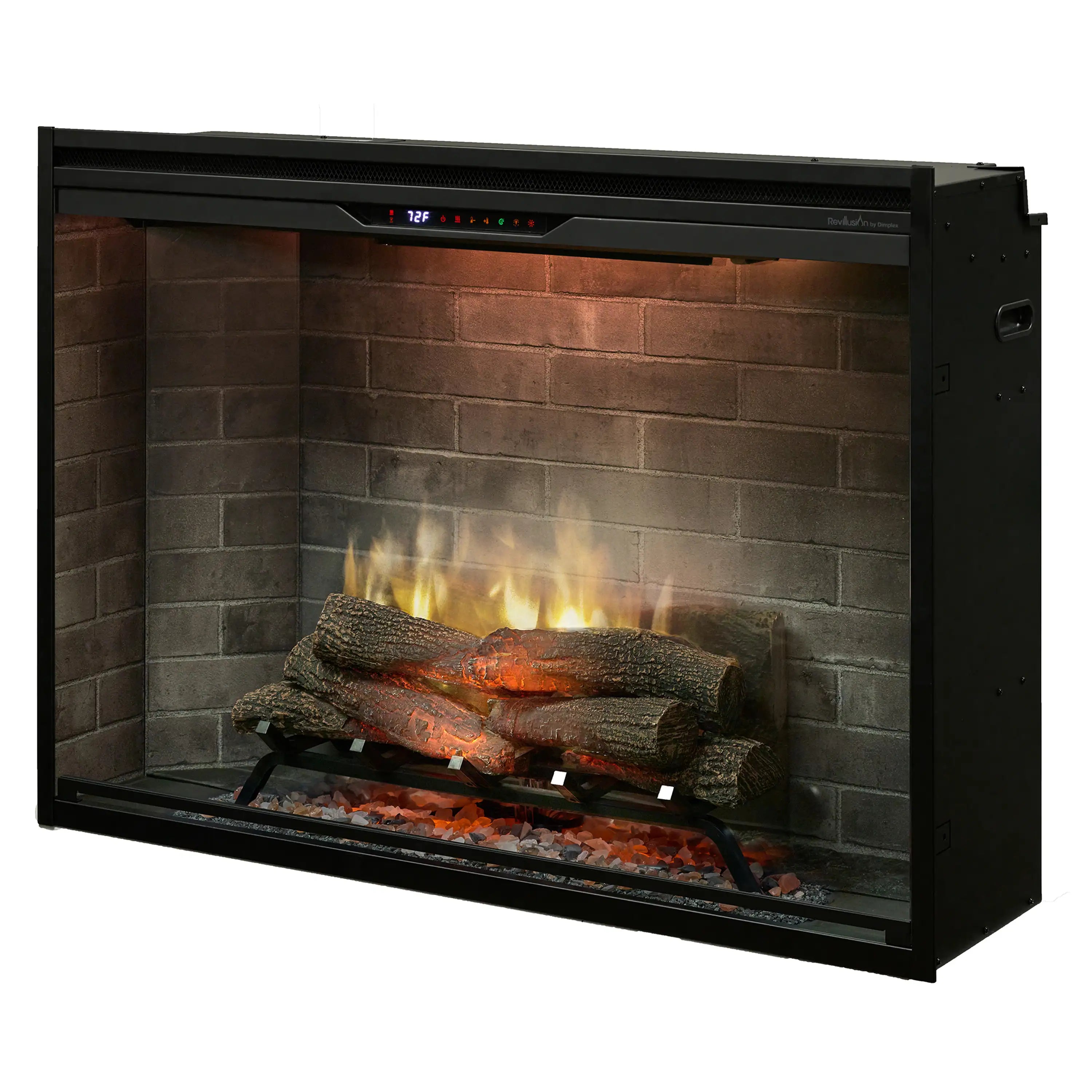 Built-in electric firebox with neutral brick backplate and glowing firebed