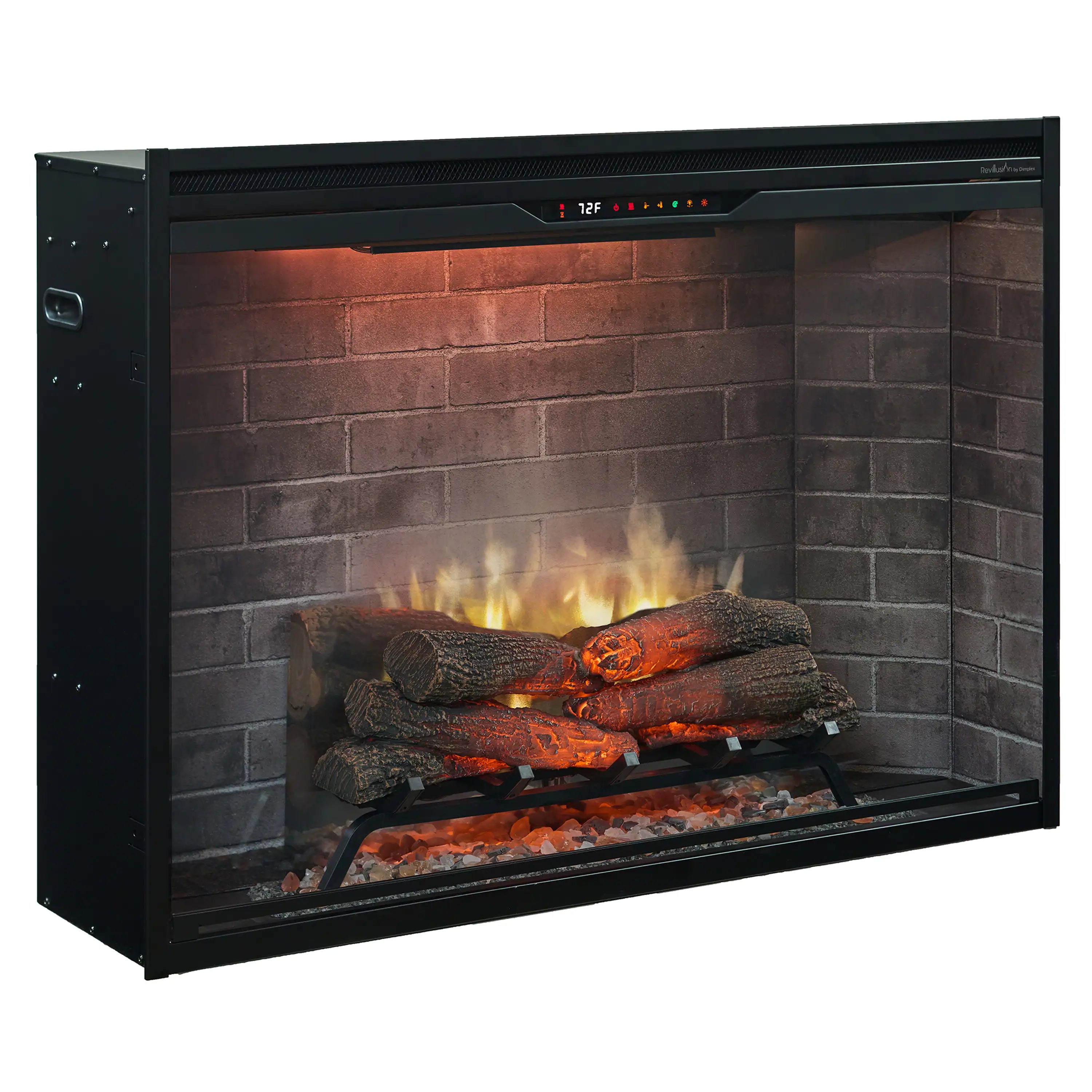 Built-in electric firebox with neutral brick interior and realistic flame effect