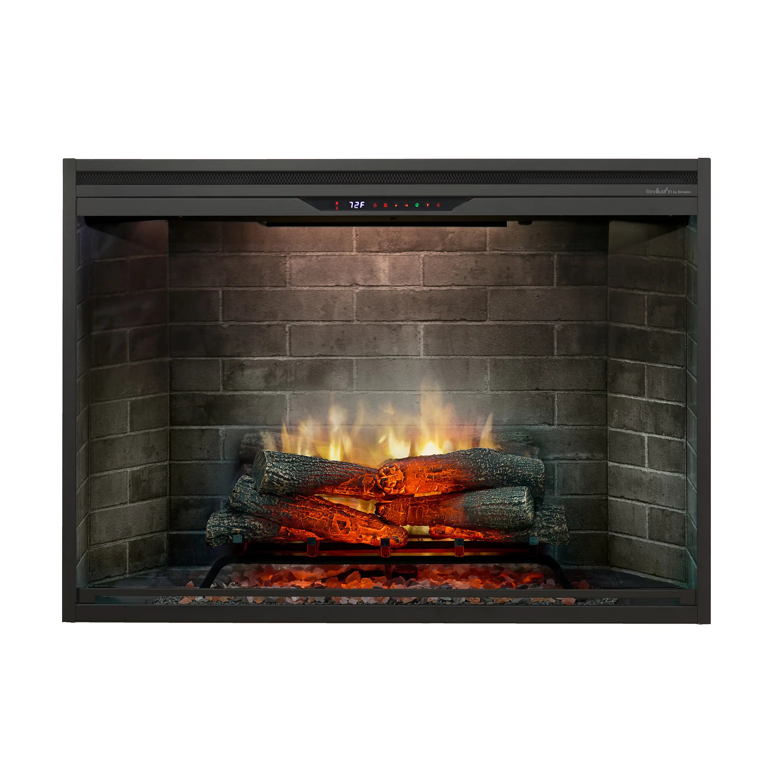 Built-in electric firebox with neutral brick surround and glowing LED flame effect