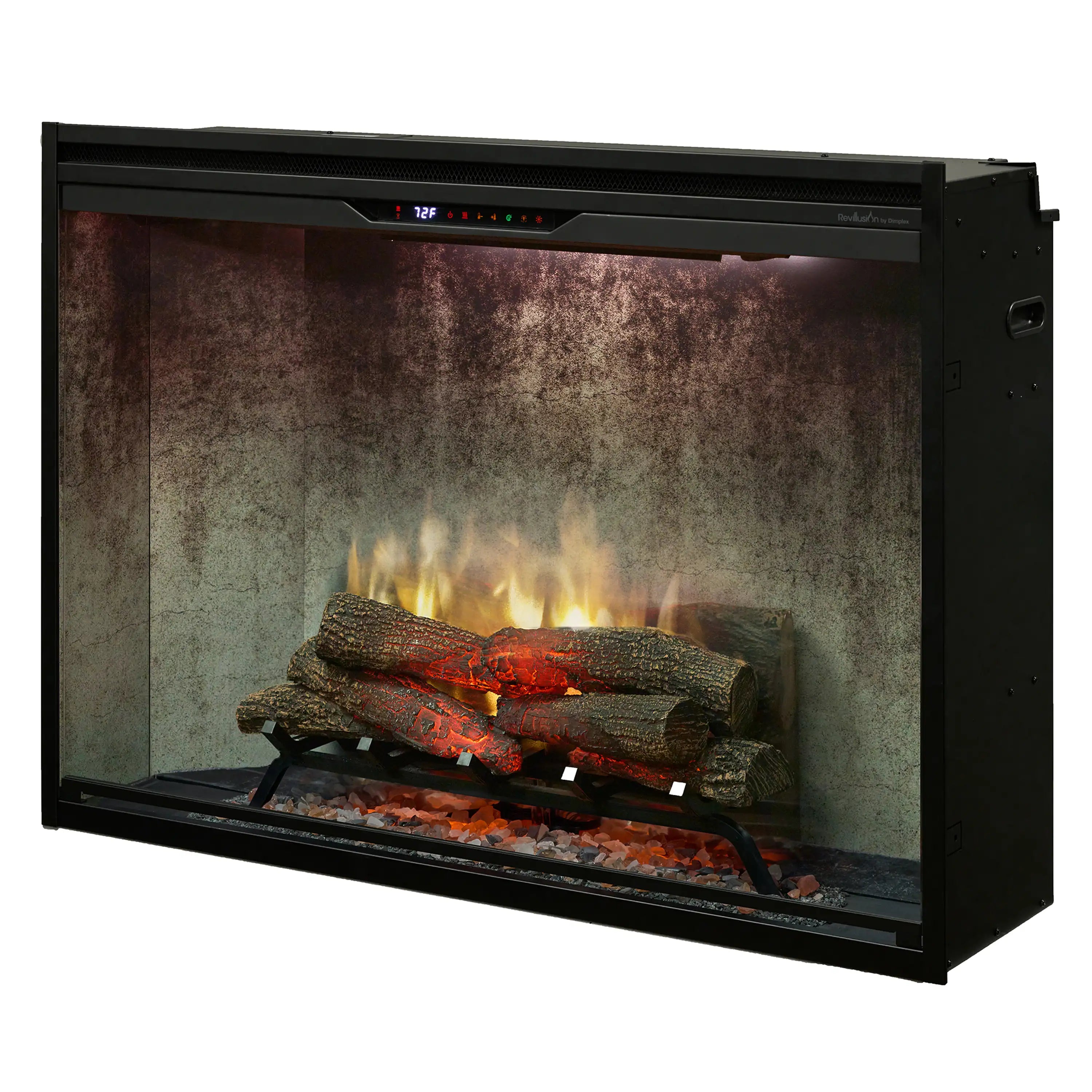 Built-in electric firebox with LED flames, split log display, weathered concrete