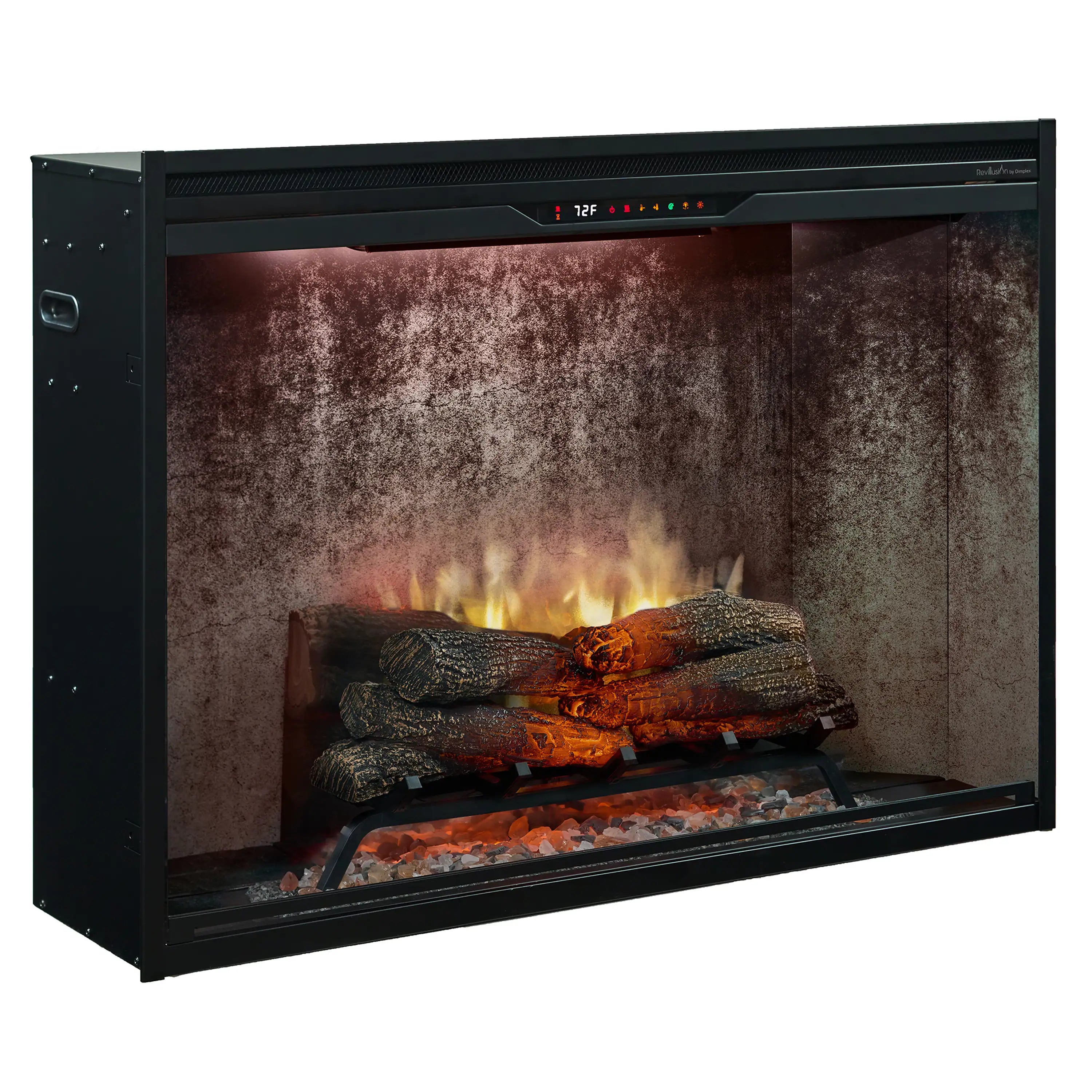 Built-in electric firebox with weathered concrete interior and glowing log set