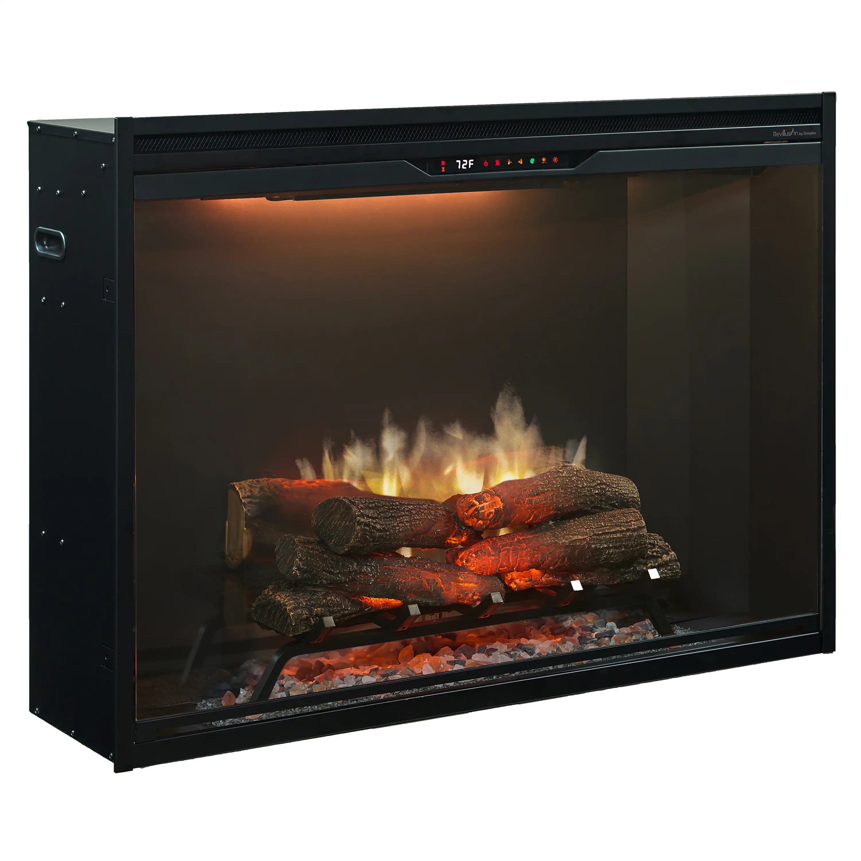 Black built-in electric firebox with flame logs and glowing ember bed
