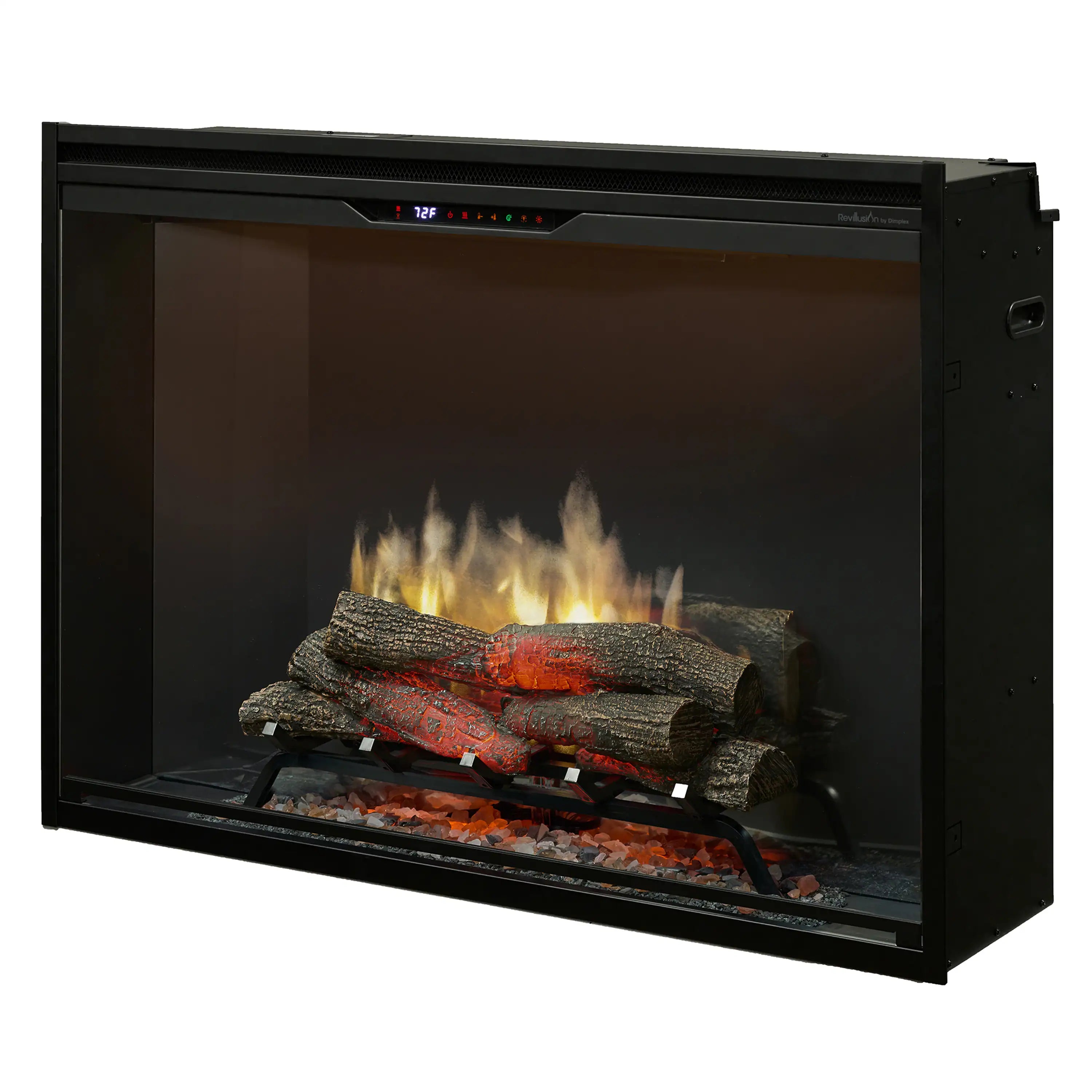 Black built-in electric firebox with flame logs and internal LED lighting