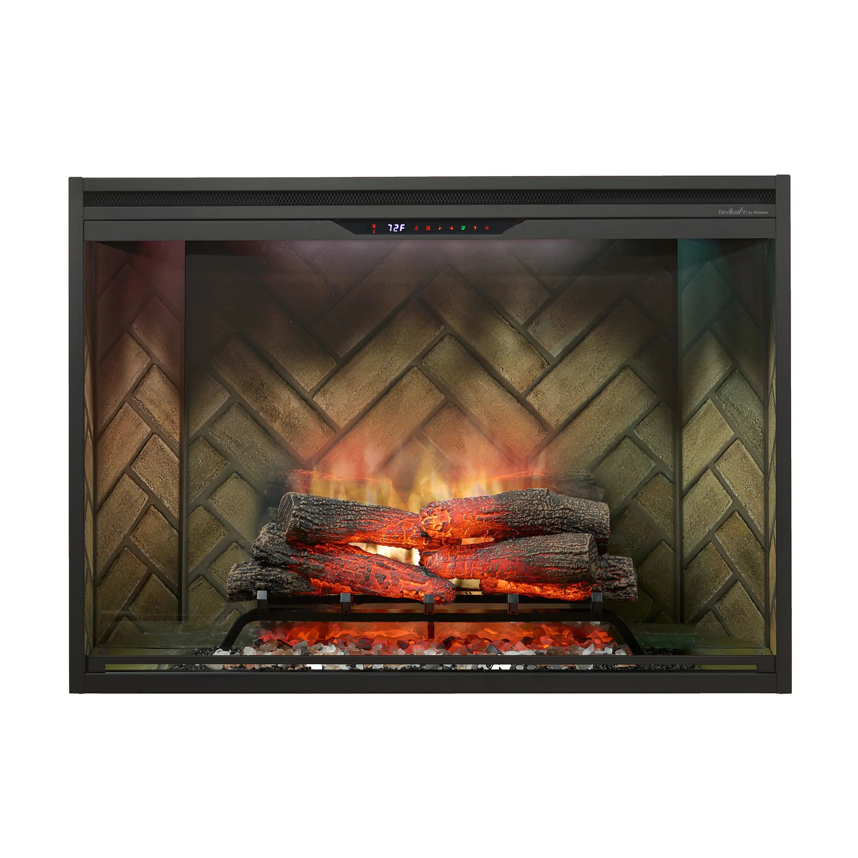 Built-in electric firebox front view with herringbone back panel and burning logs