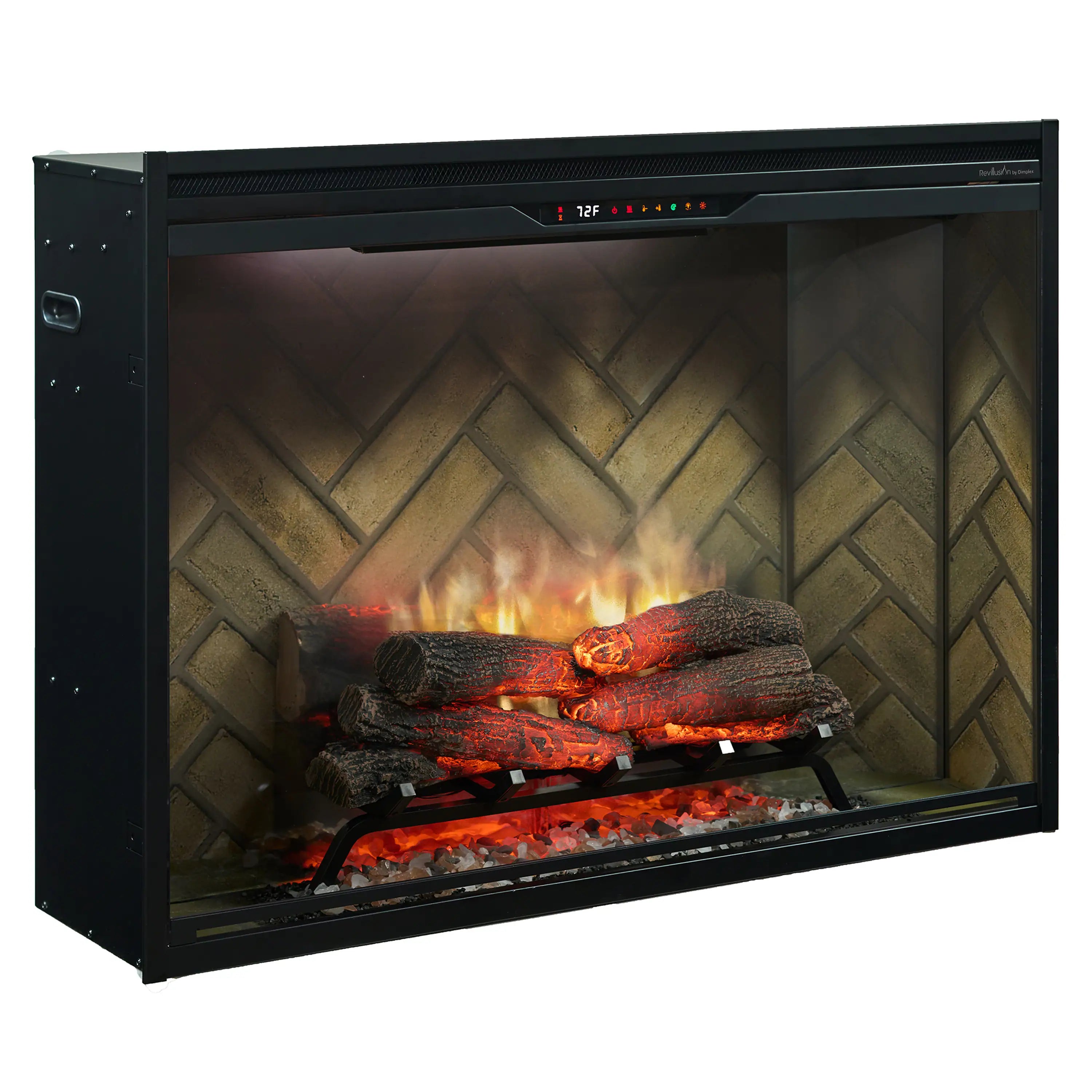 Built-in electric firebox with dark frame, herringbone brick wall, and realistic flames