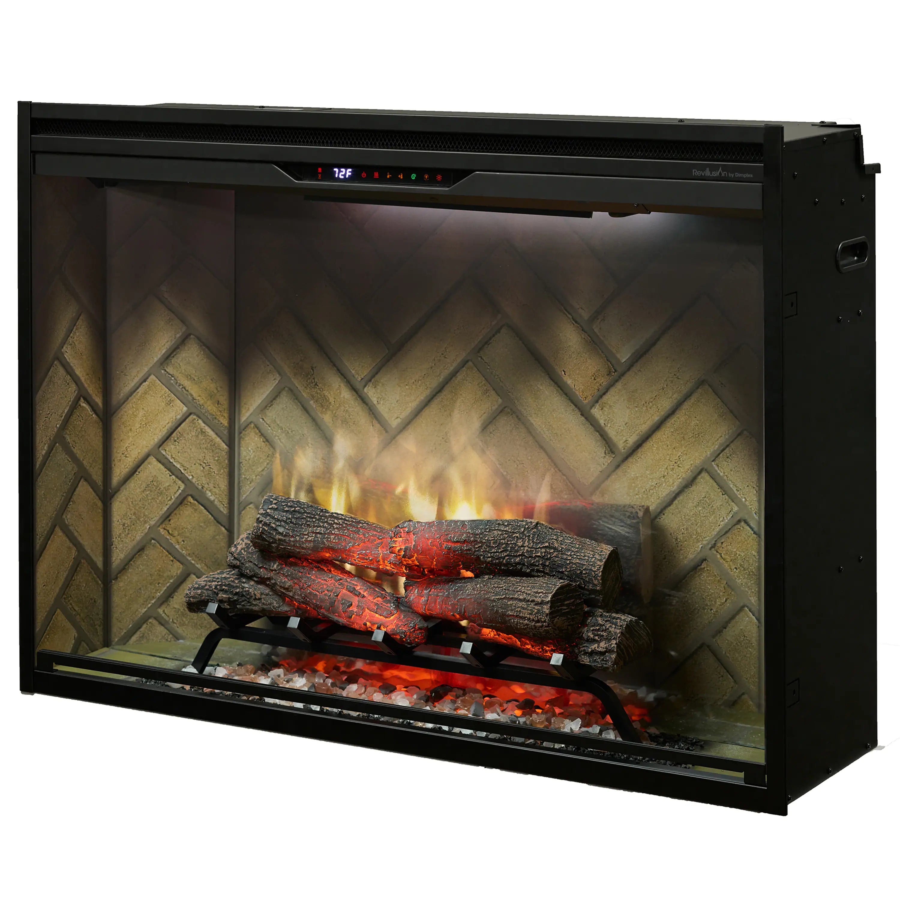Built-in electric firebox with herringbone back panel, glowing flames, and stacked logs