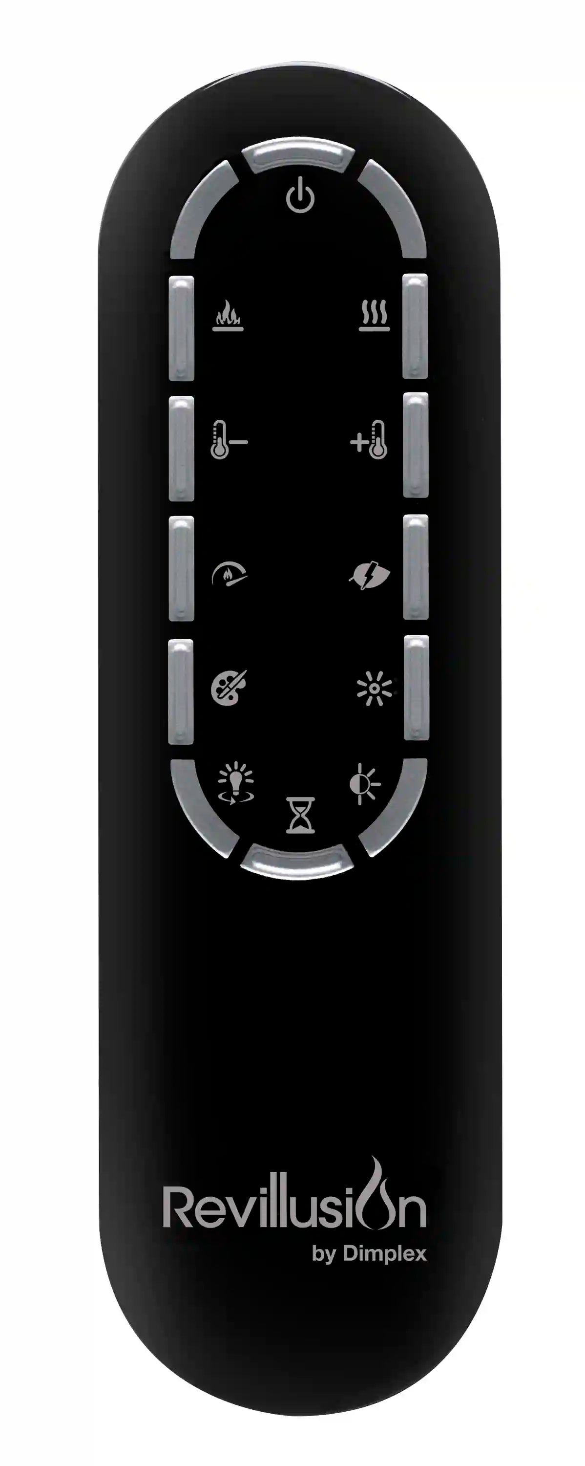 Electric fireplace remote control with oval button layout and heat icons