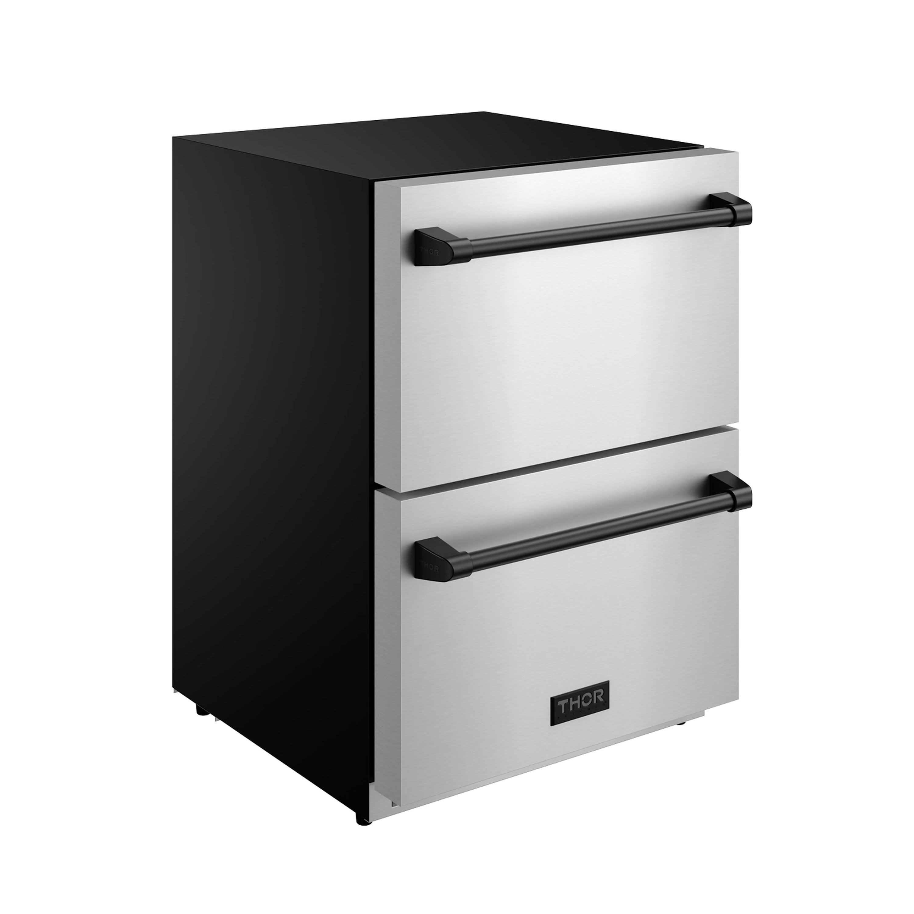 24-inch drawer refrigerator with stainless finish and black trim, two closed drawers.