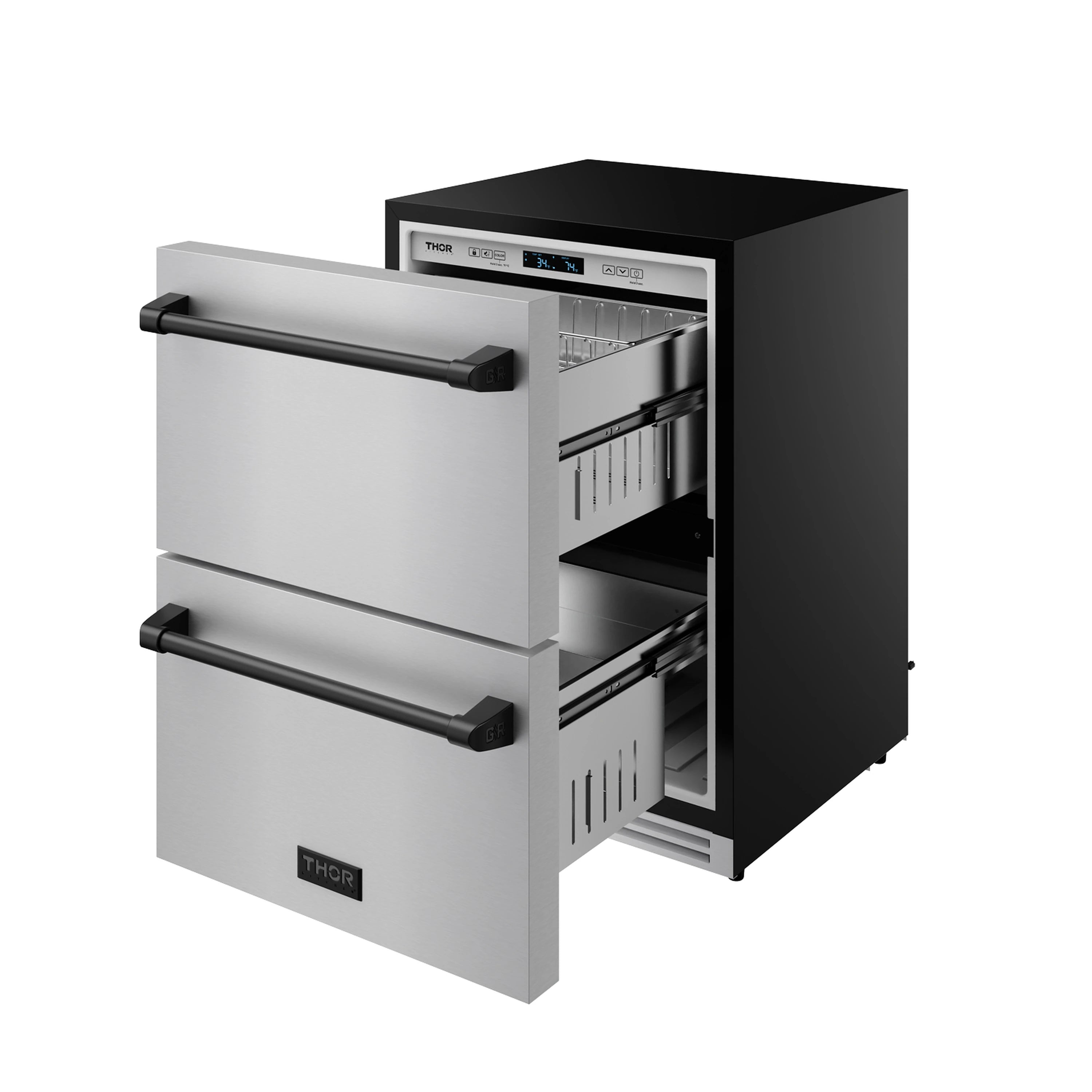 Stainless drawer refrigerator with black trim, front drawers open to reveal interior racks.