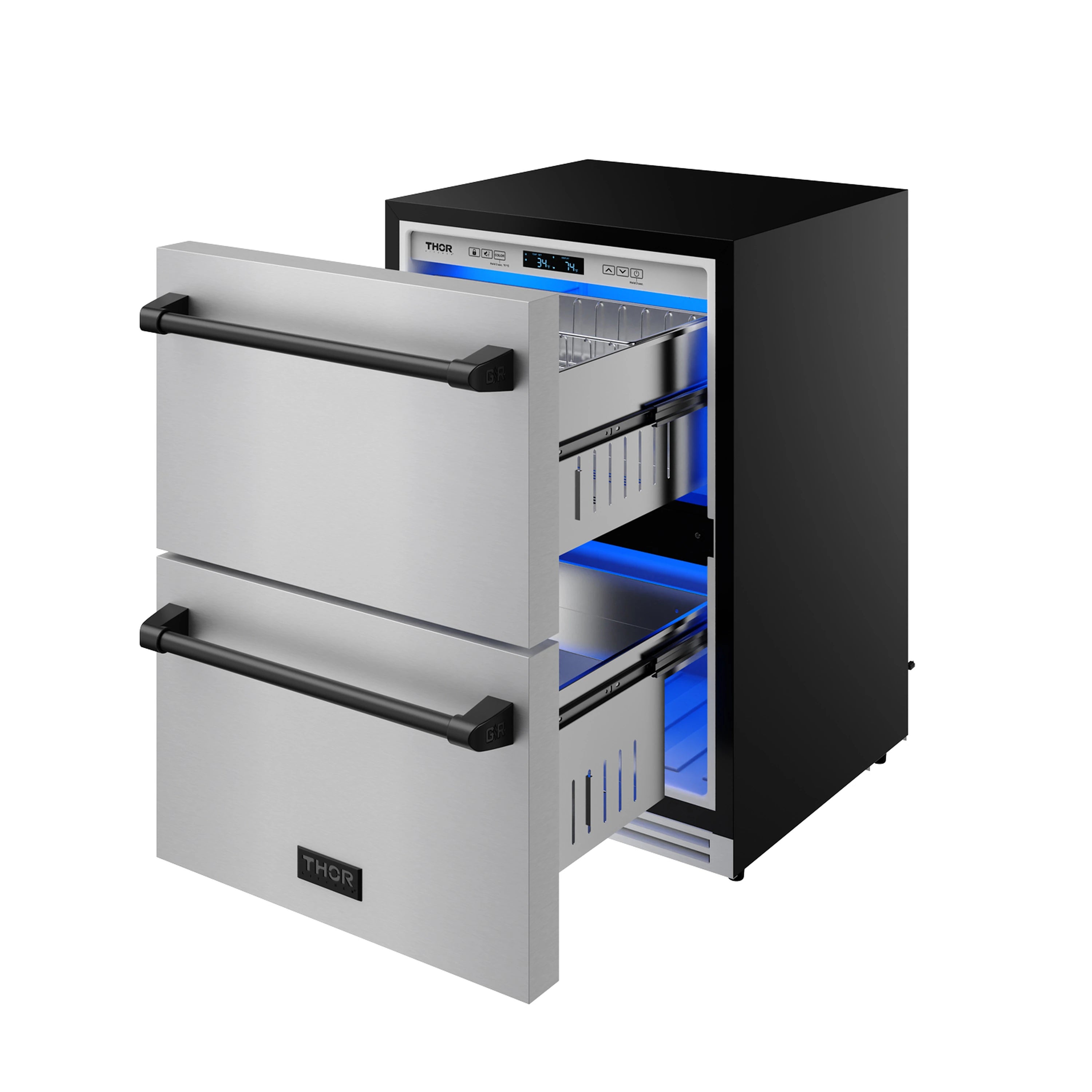 Stainless drawer refrigerator with black trim, open drawers with blue interior lighting.
