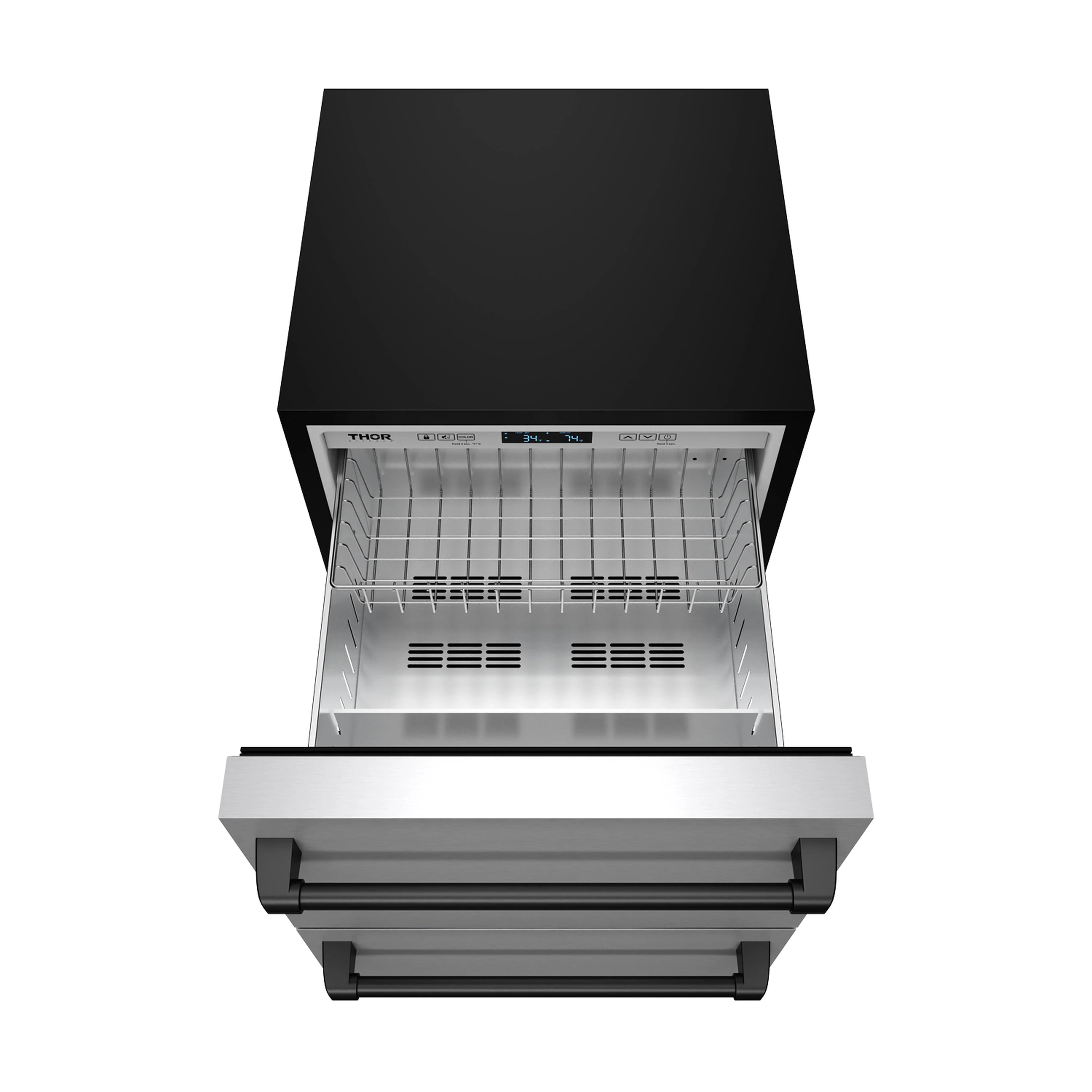 Drawer refrigerator with stainless interior, top open to show wire baskets and vents.