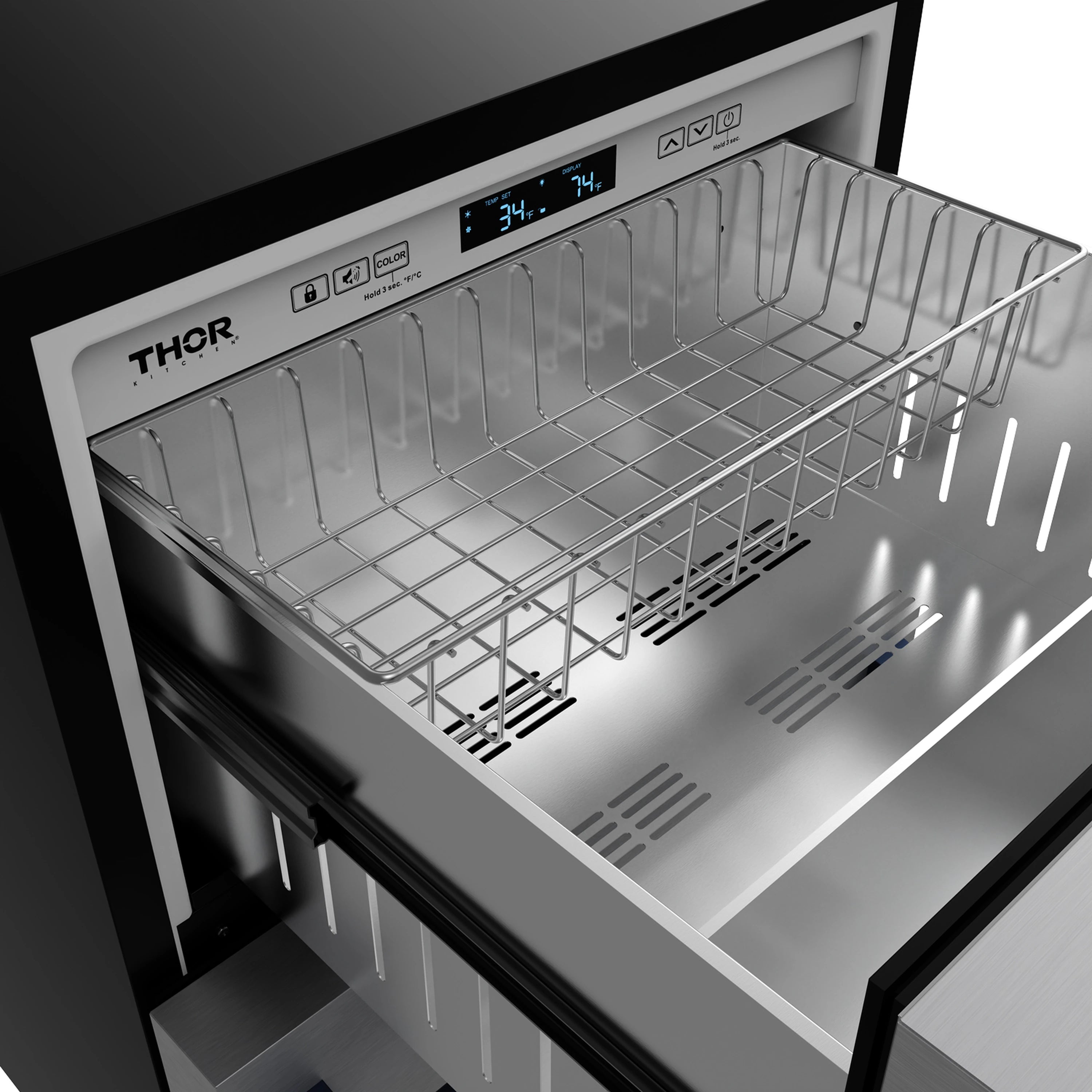 Stainless refrigerator interior with wire rack and control panel above