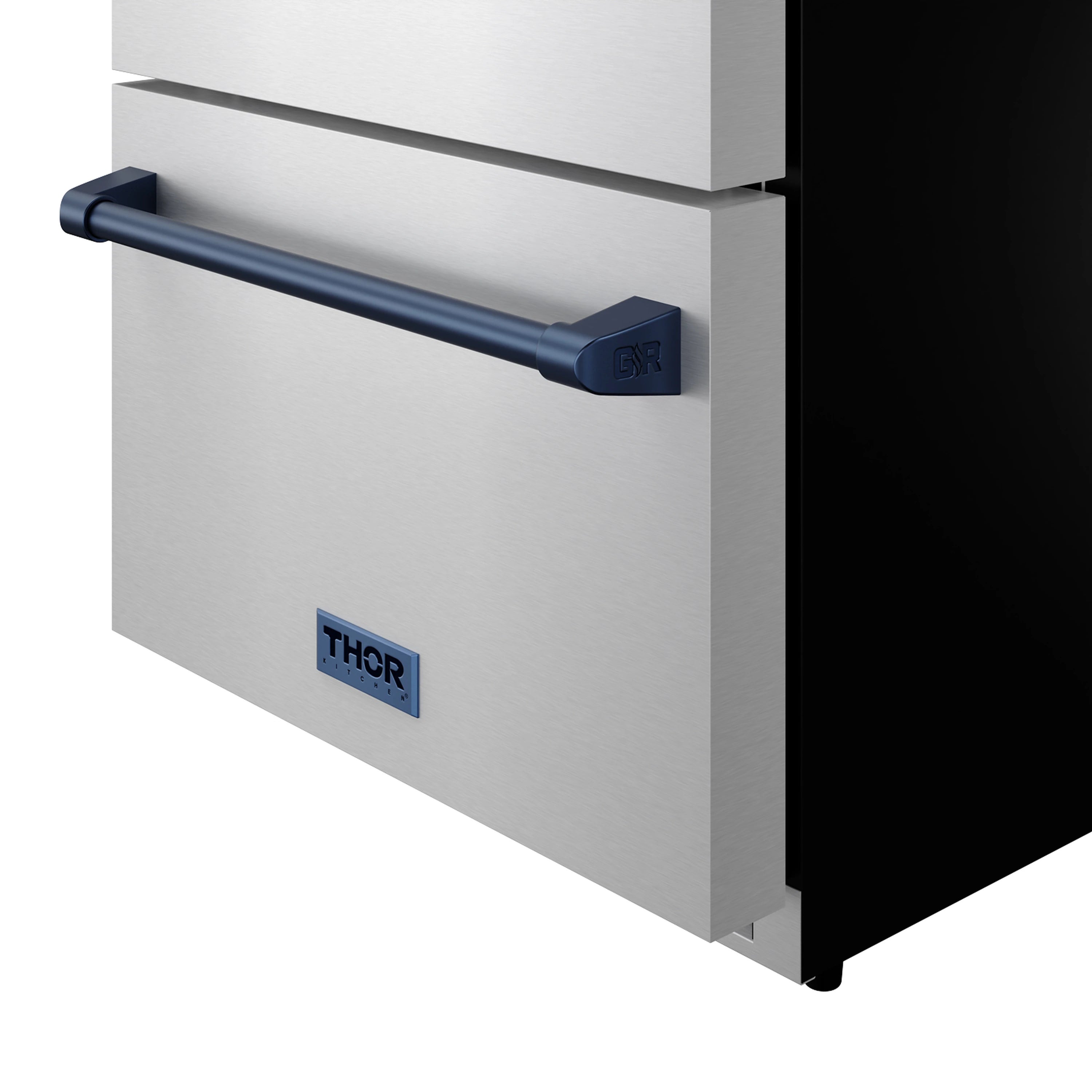 Stainless refrigerator drawer front with blue bar handle and THOR logo badge
