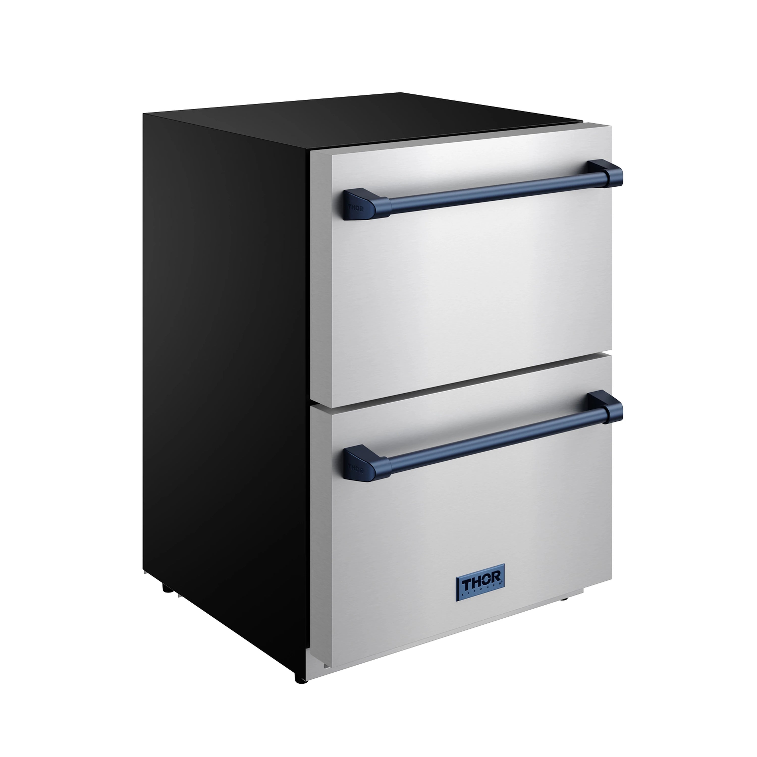 Stainless drawer refrigerator with two blue bar handles and black side housing