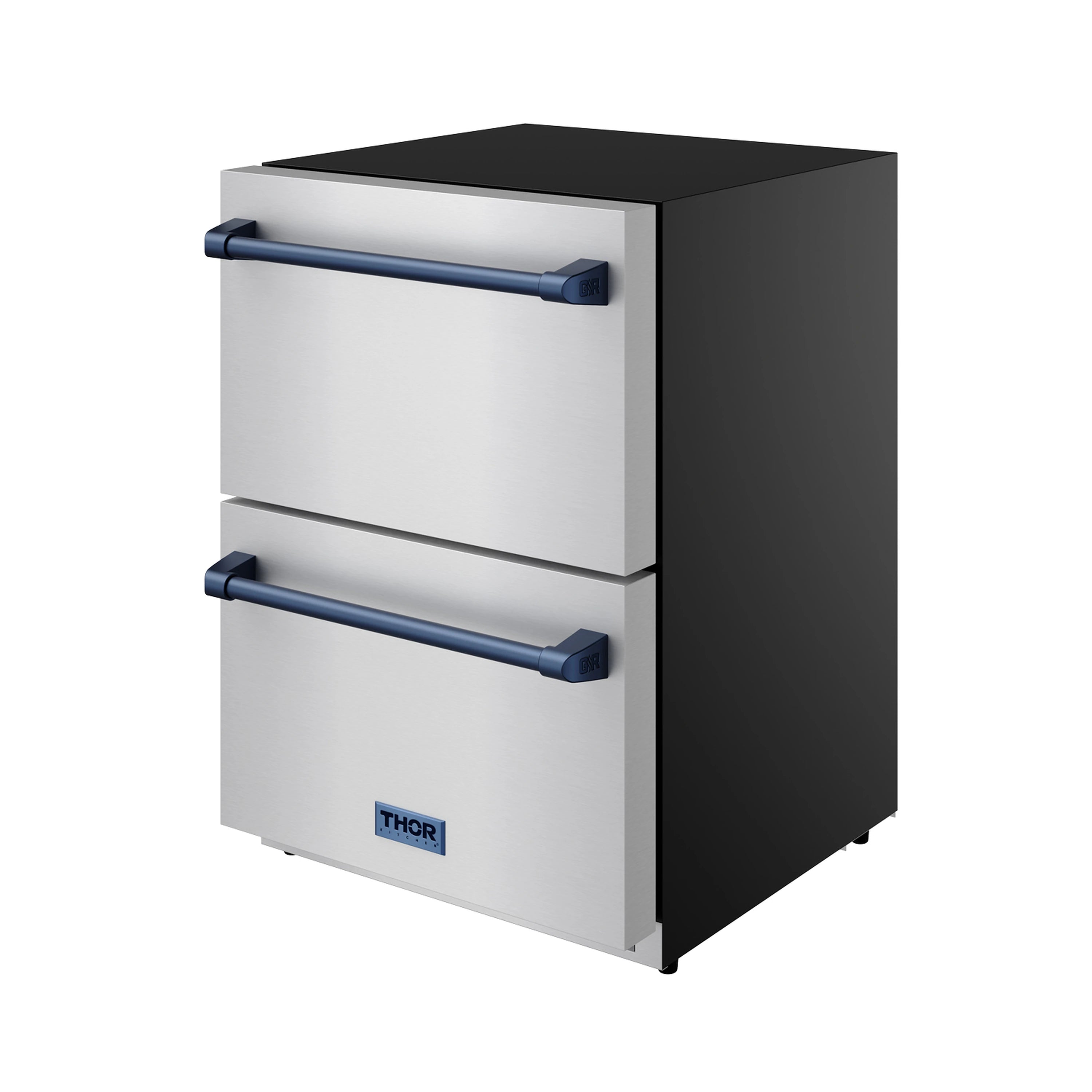 Stainless two-drawer refrigerator with blue bar handles and dark top