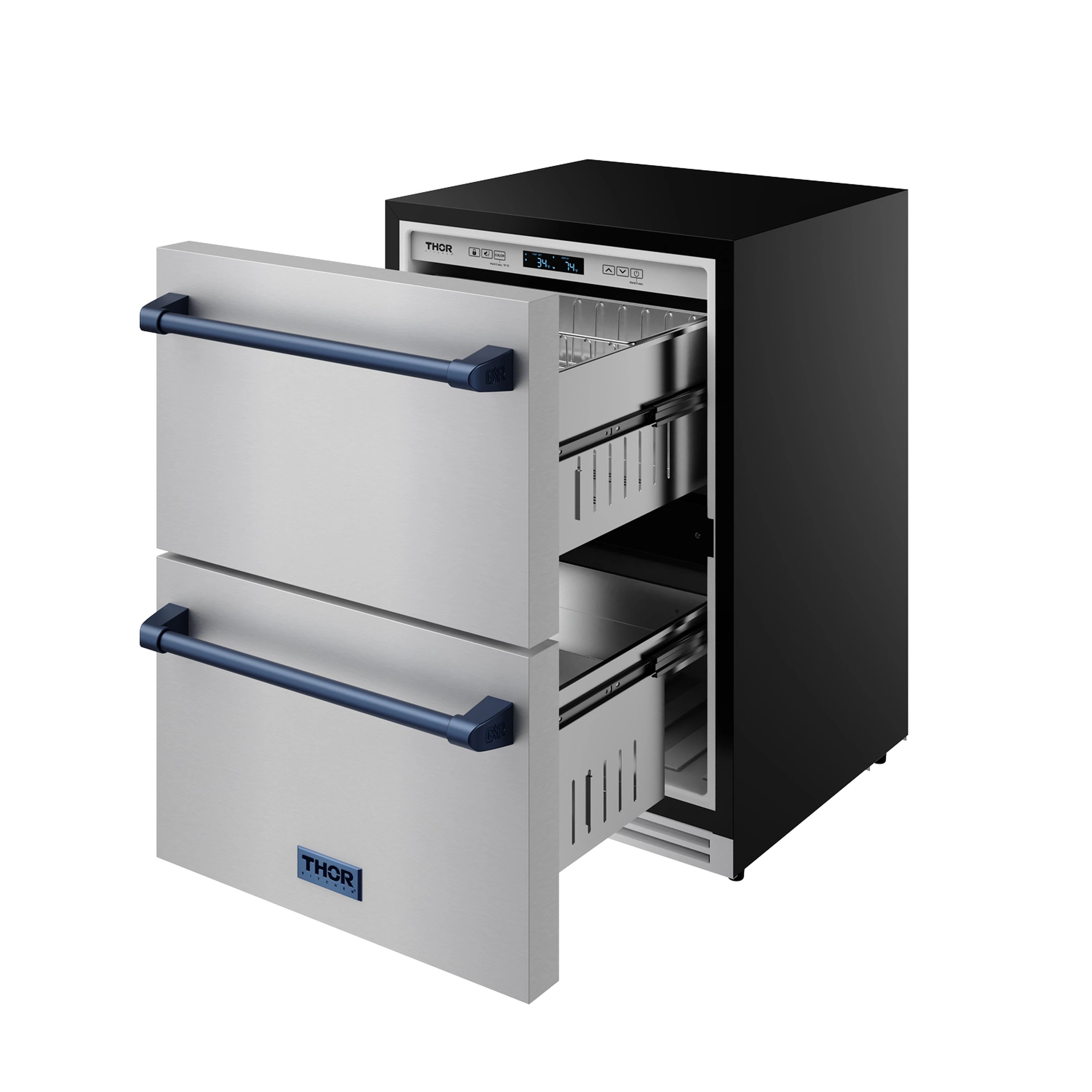 Stainless two-drawer refrigerator with blue bar handles and open lower compartments