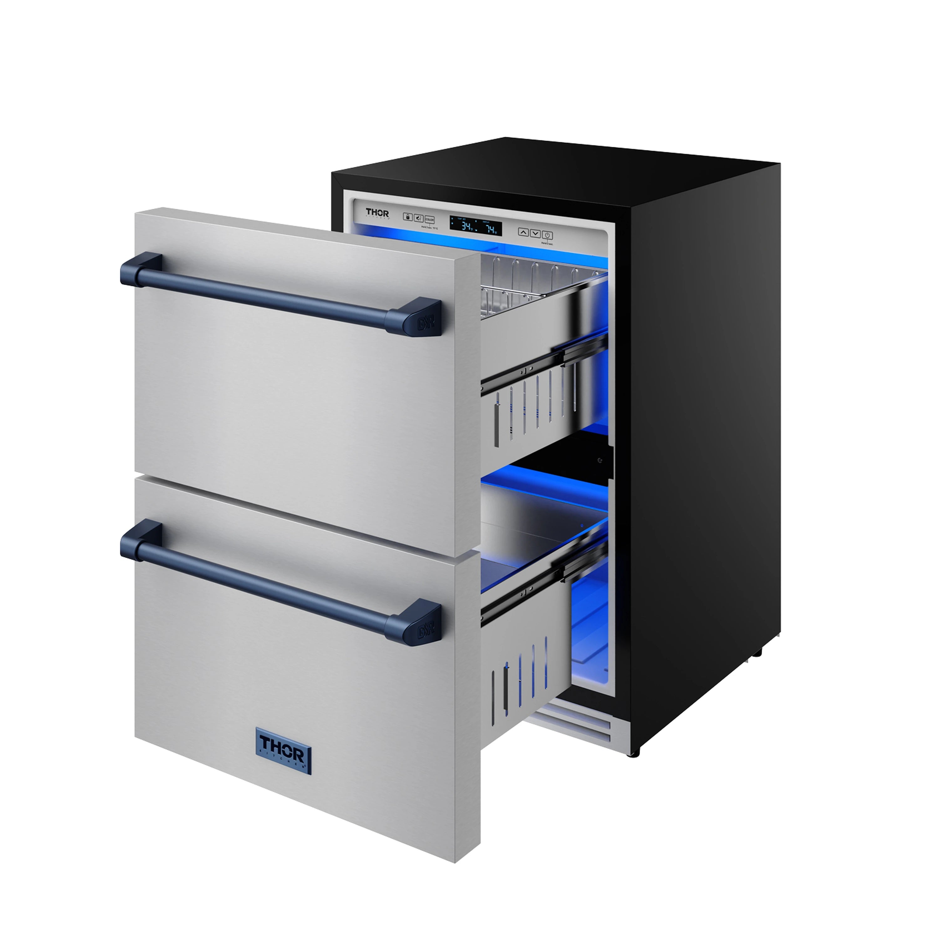 Stainless two-drawer refrigerator with illuminated blue interior and open compartments