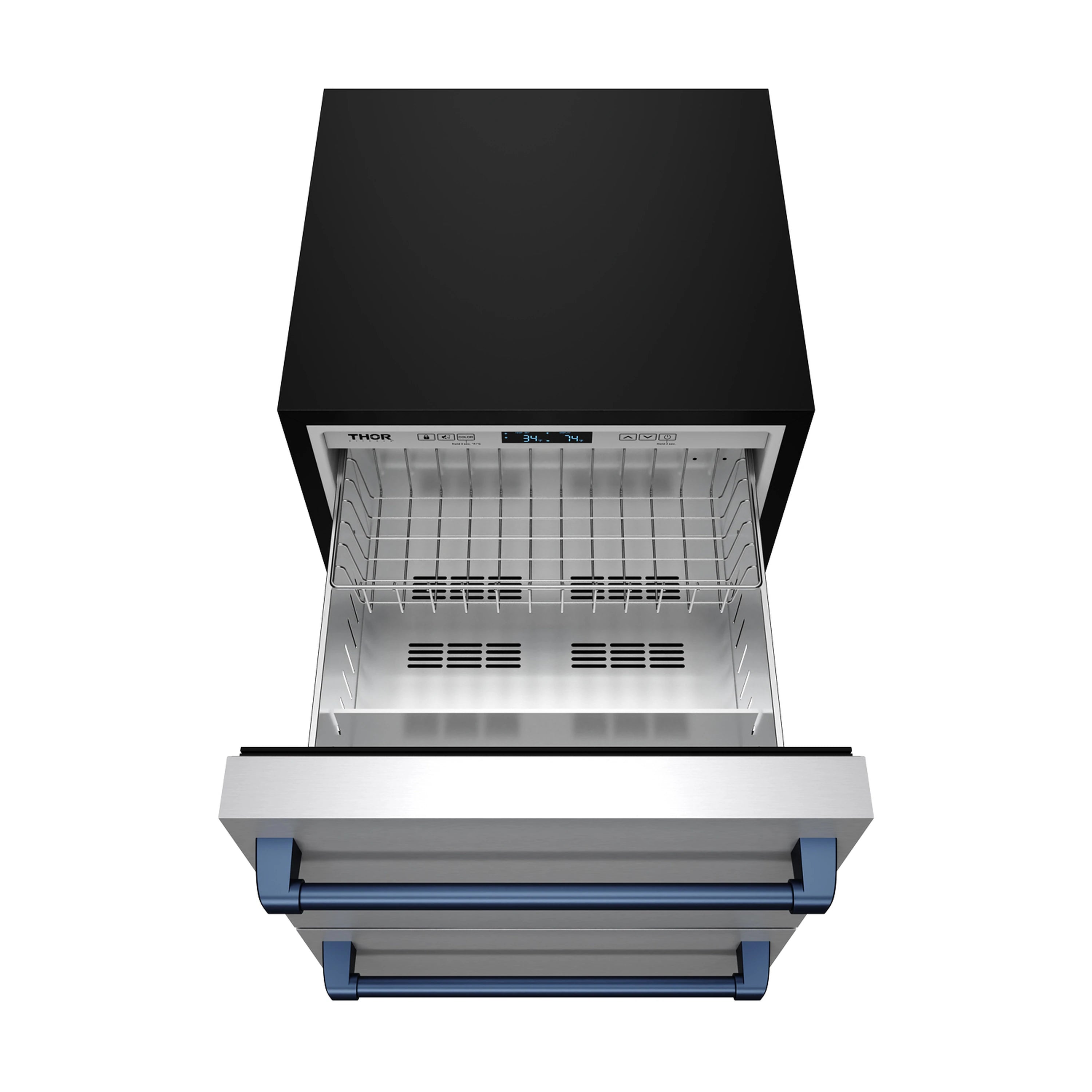 Open drawer refrigerator interior with wire rack and blue bar handle