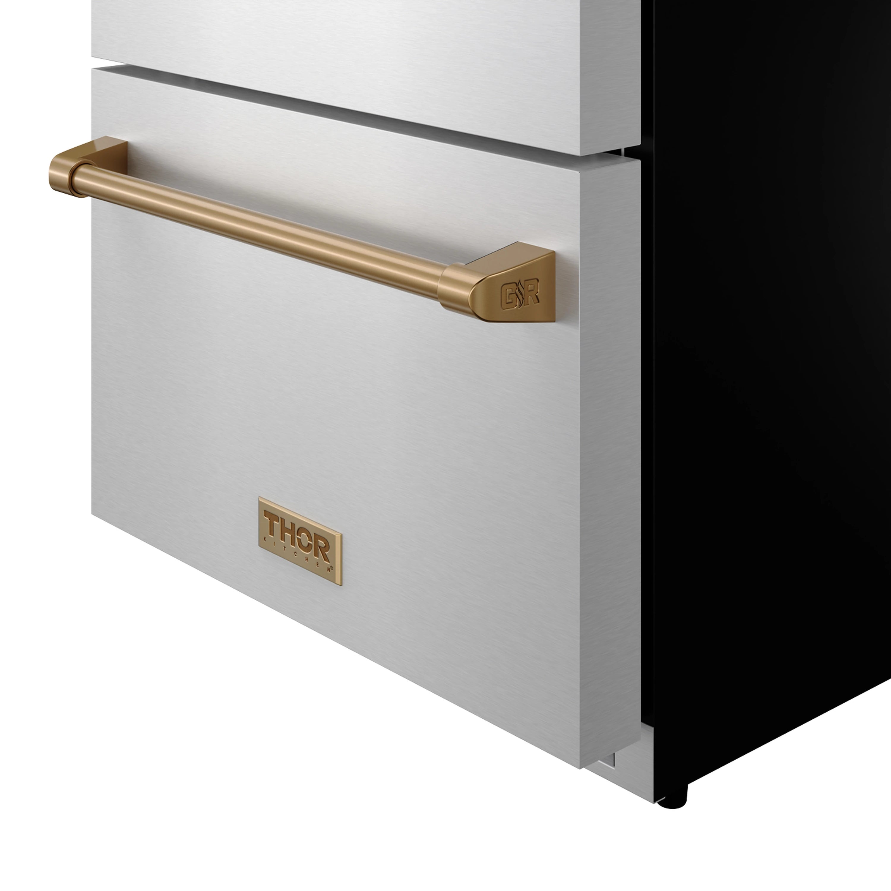 Stainless steel drawer refrigerator door with bronze handle and Thor logo plate