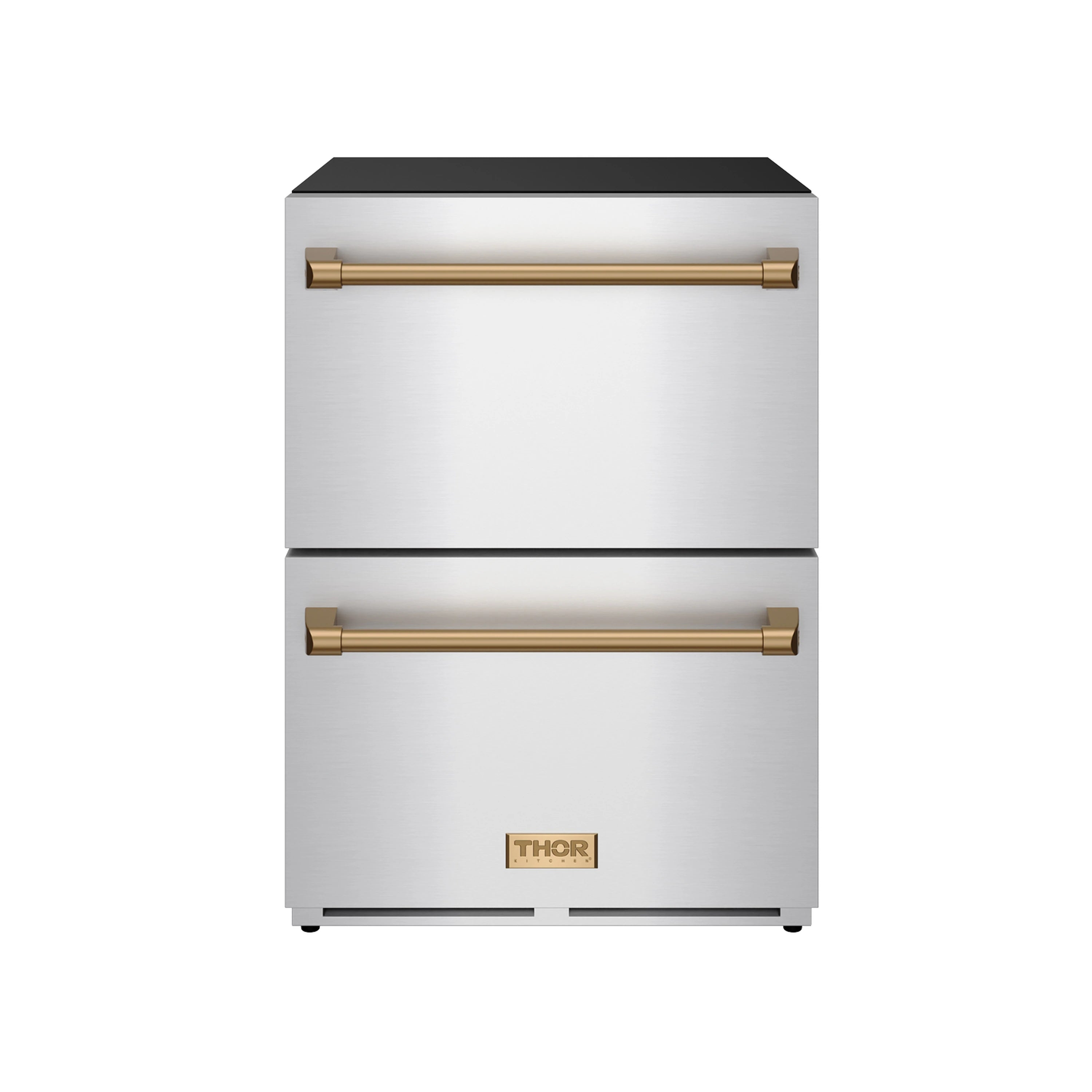 24-inch drawer refrigerator with stainless steel body, bronze trim, and two front handles