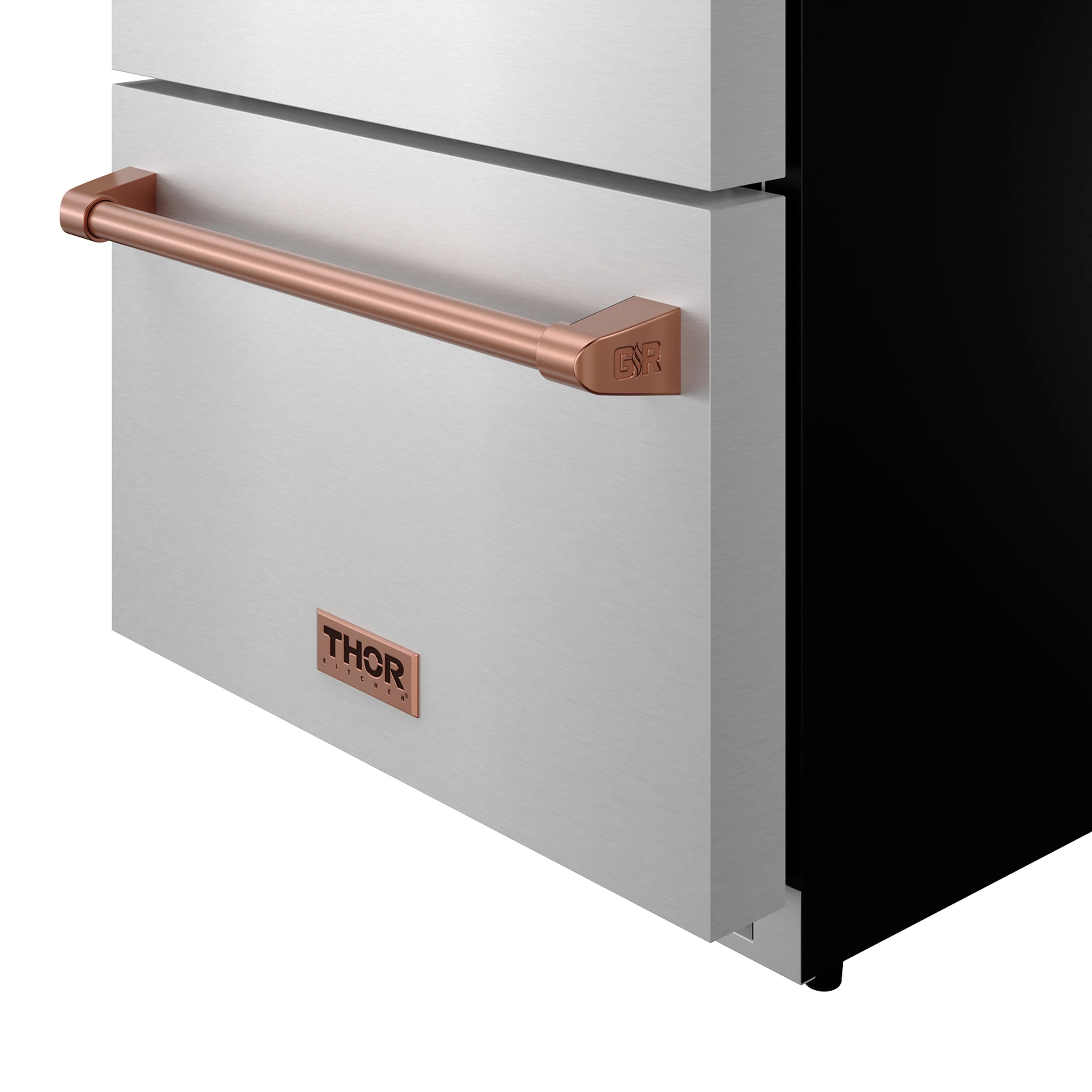 Stainless steel drawer refrigerator with rose gold handle and THOR logo on front