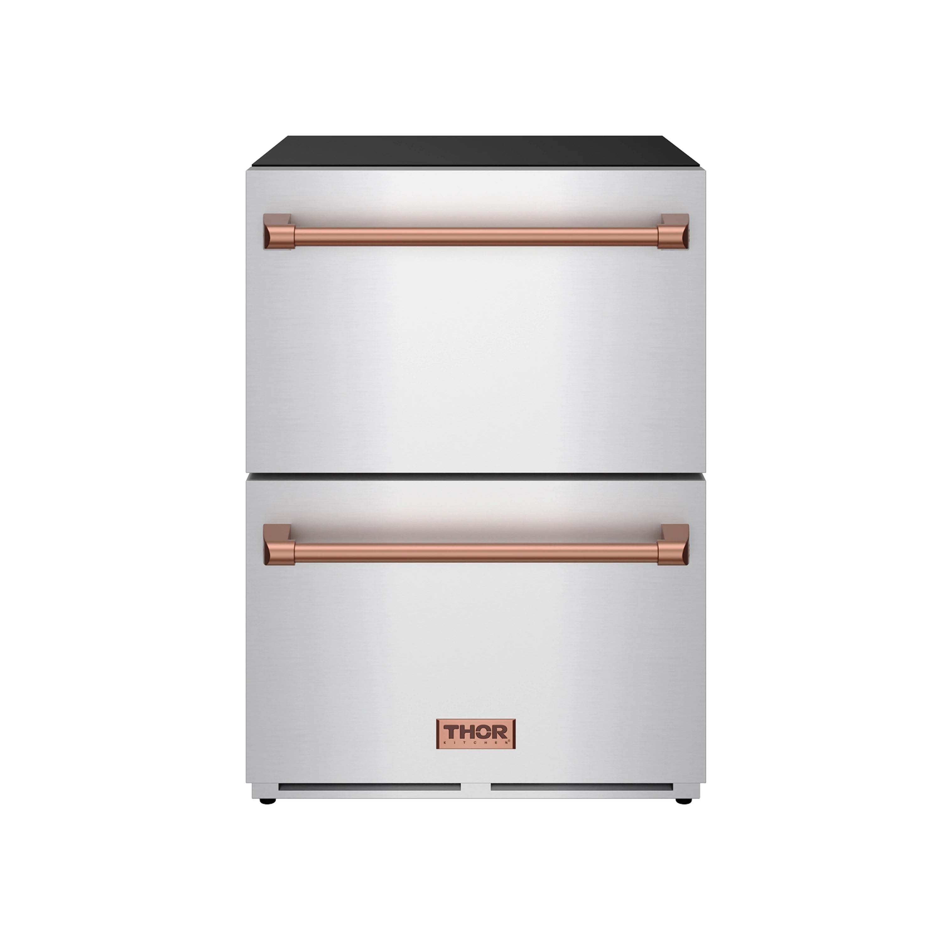 Built-in style drawer refrigerator with two rose gold handles and THOR logo