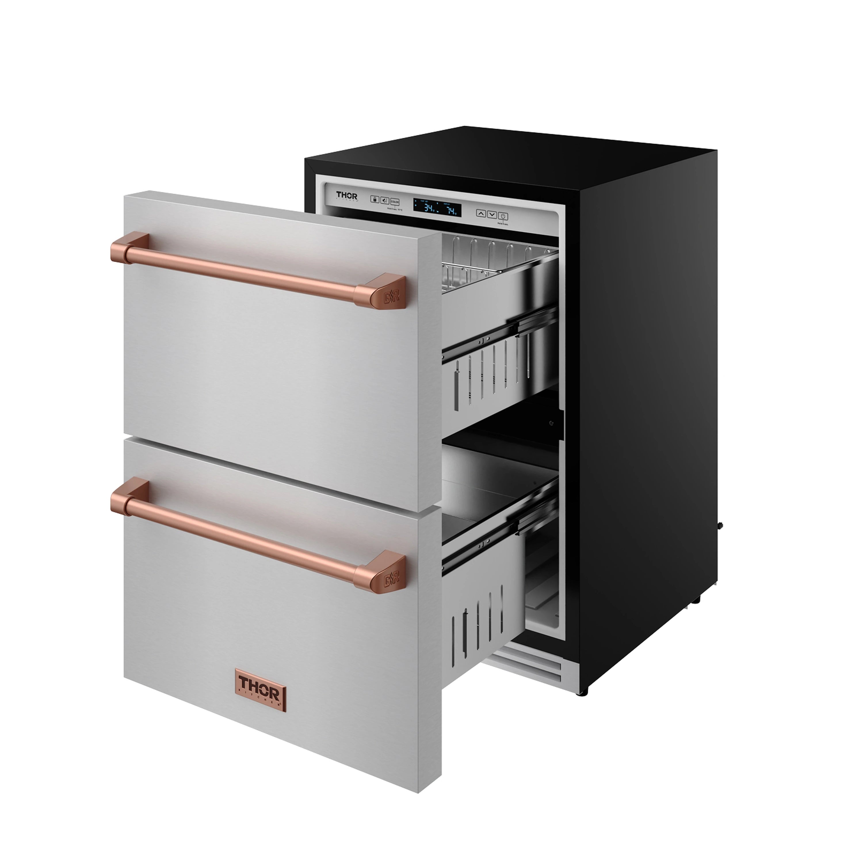 Stainless drawer refrigerator with open doors showing interior shelves and rose gold handles