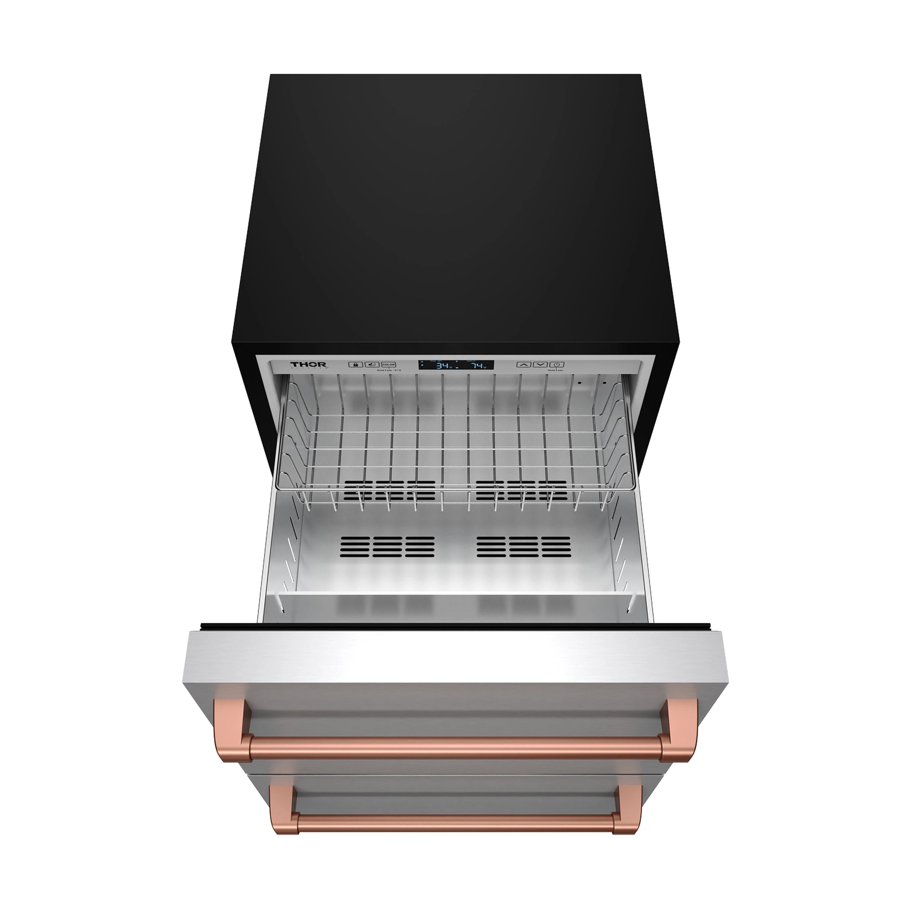 Drawer refrigerator with open top drawer, wire racks, and rose gold front handle
