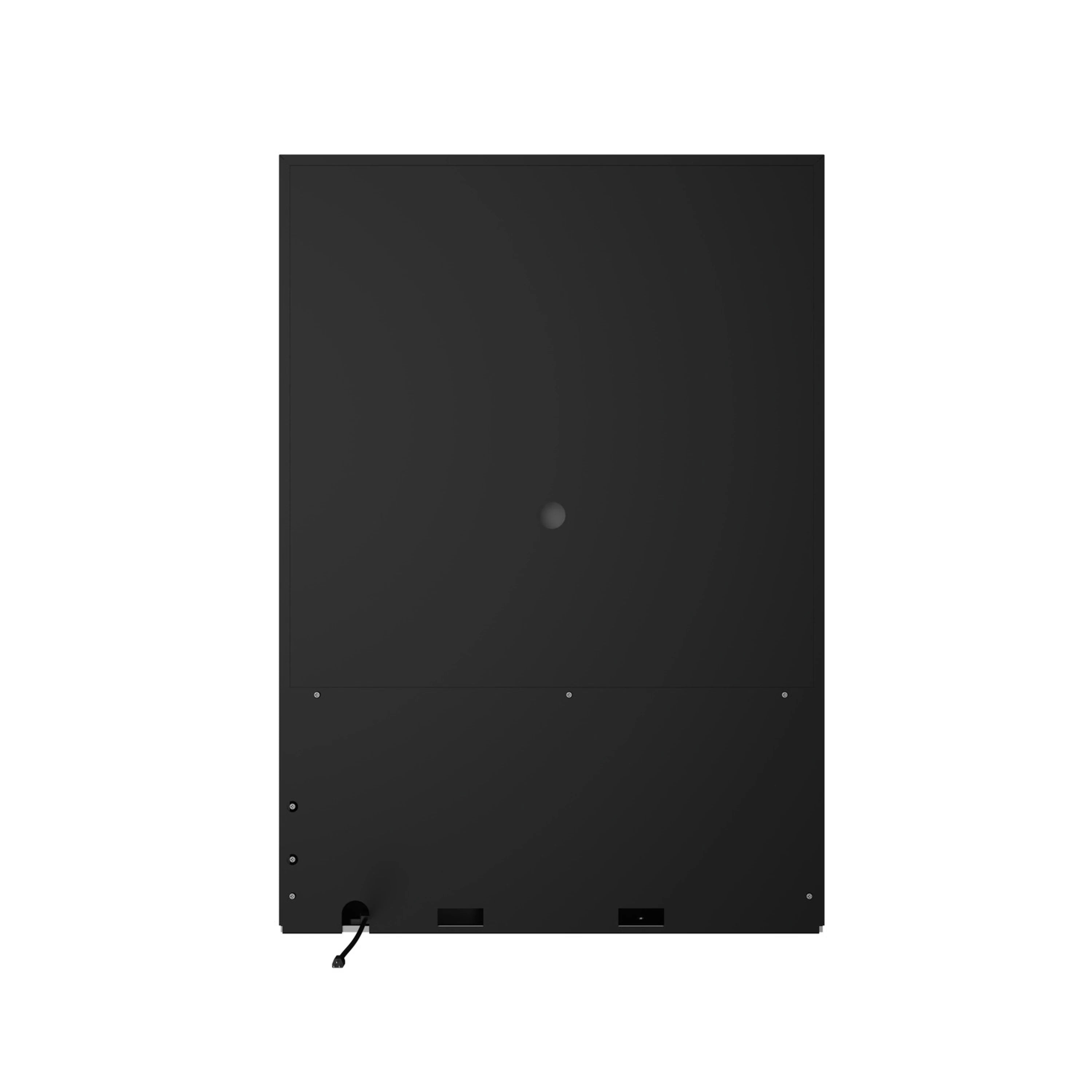 Back panel of black drawer refrigerator with mounting points and vent openings