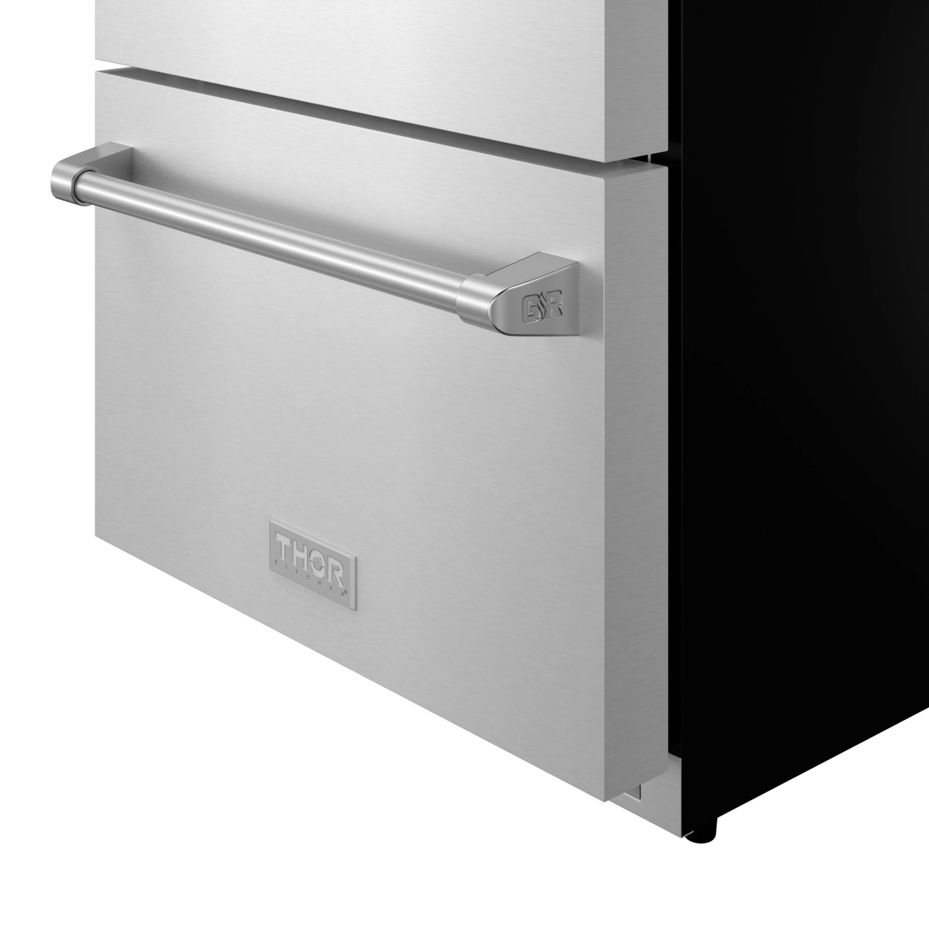Stainless steel drawer refrigerator corner with front bar handle and THOR logo