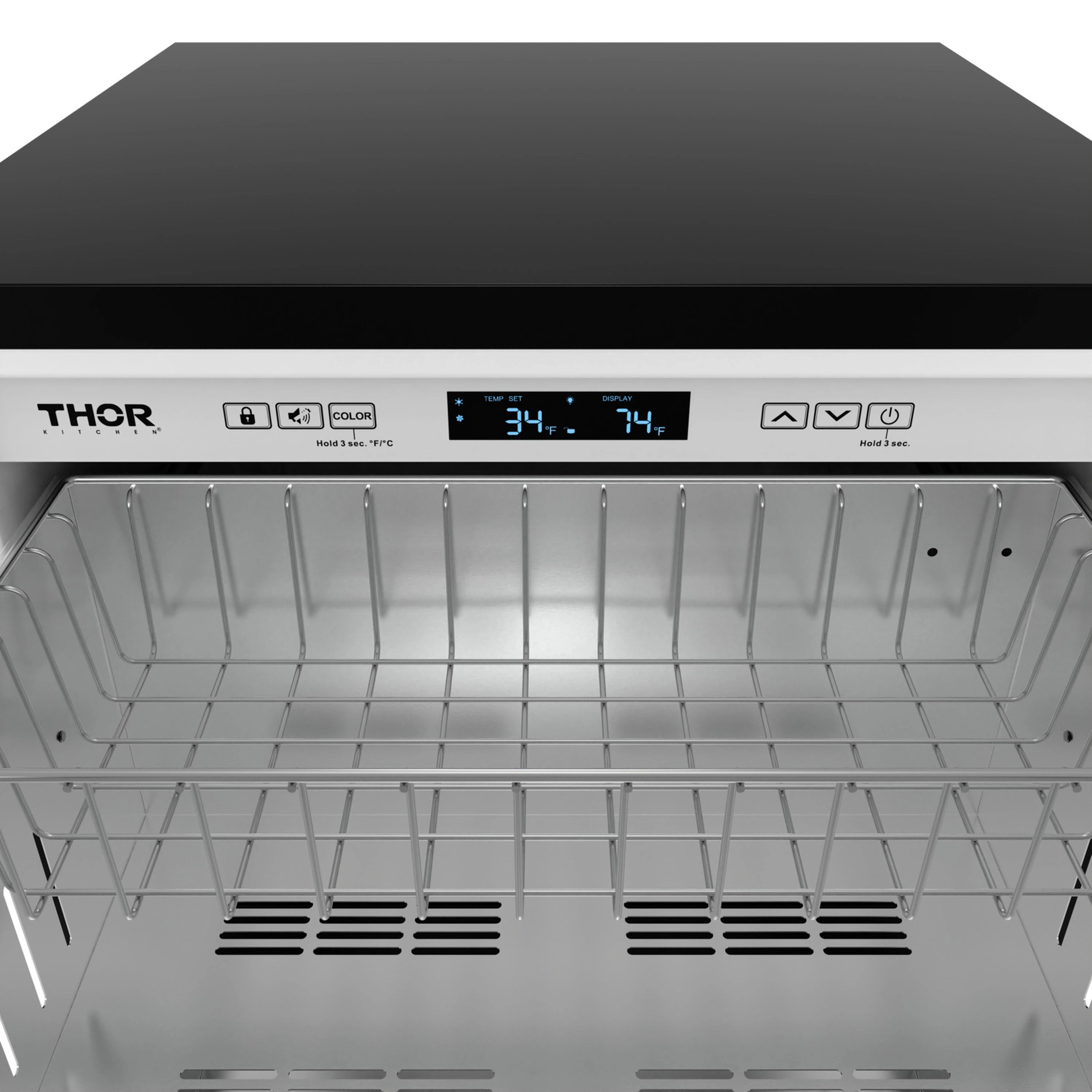 Stainless steel drawer refrigerator with open compartment racks and digital control panel