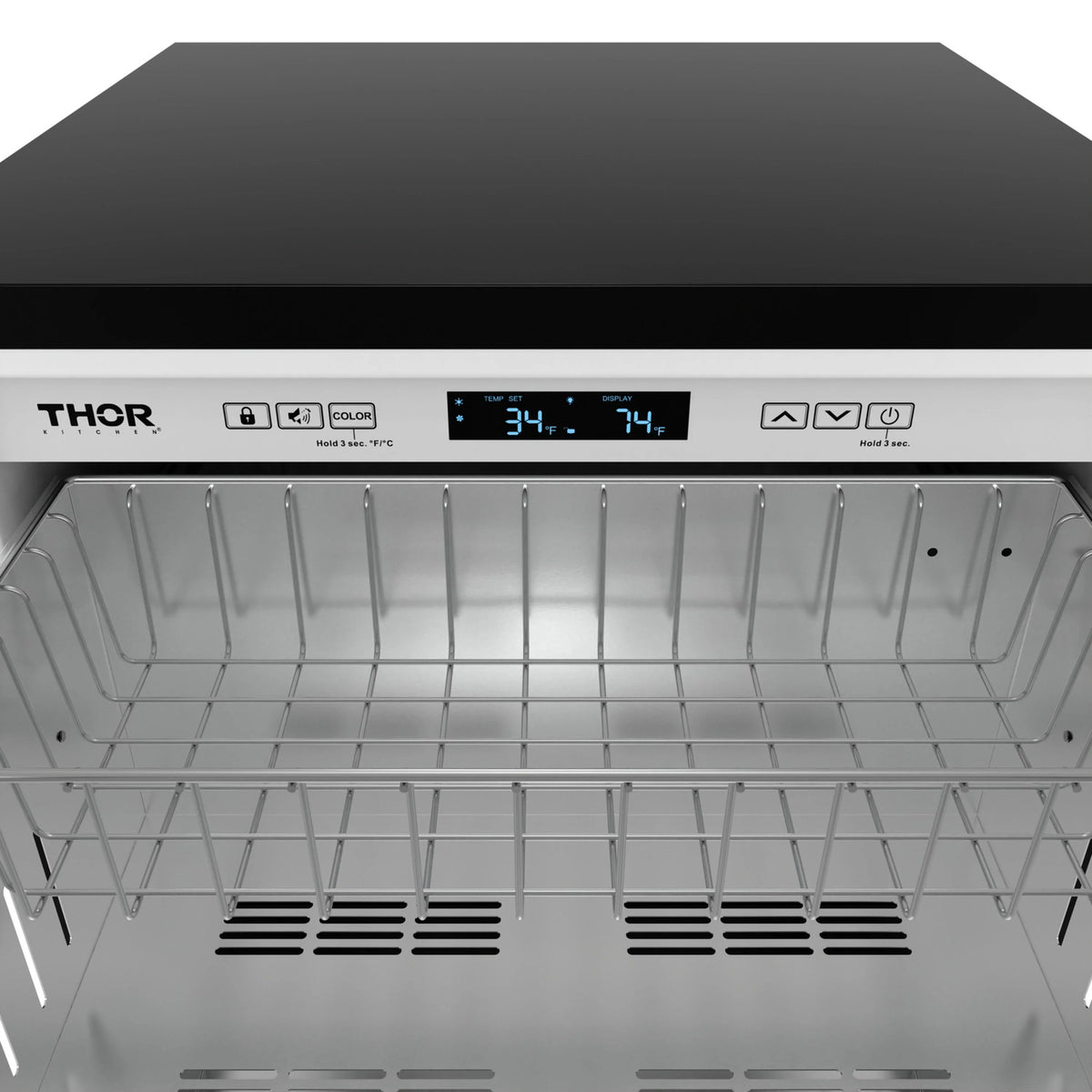 Stainless steel drawer refrigerator with open compartment racks and digital control panel