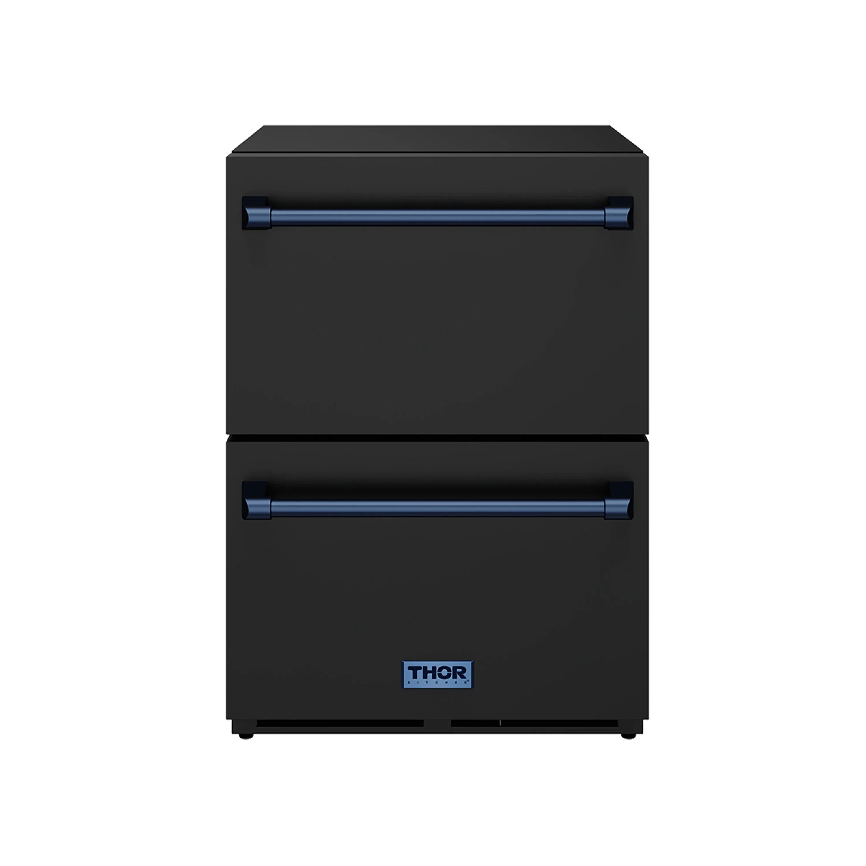 Black drawer refrigerator with two pull handles and blue trim accents