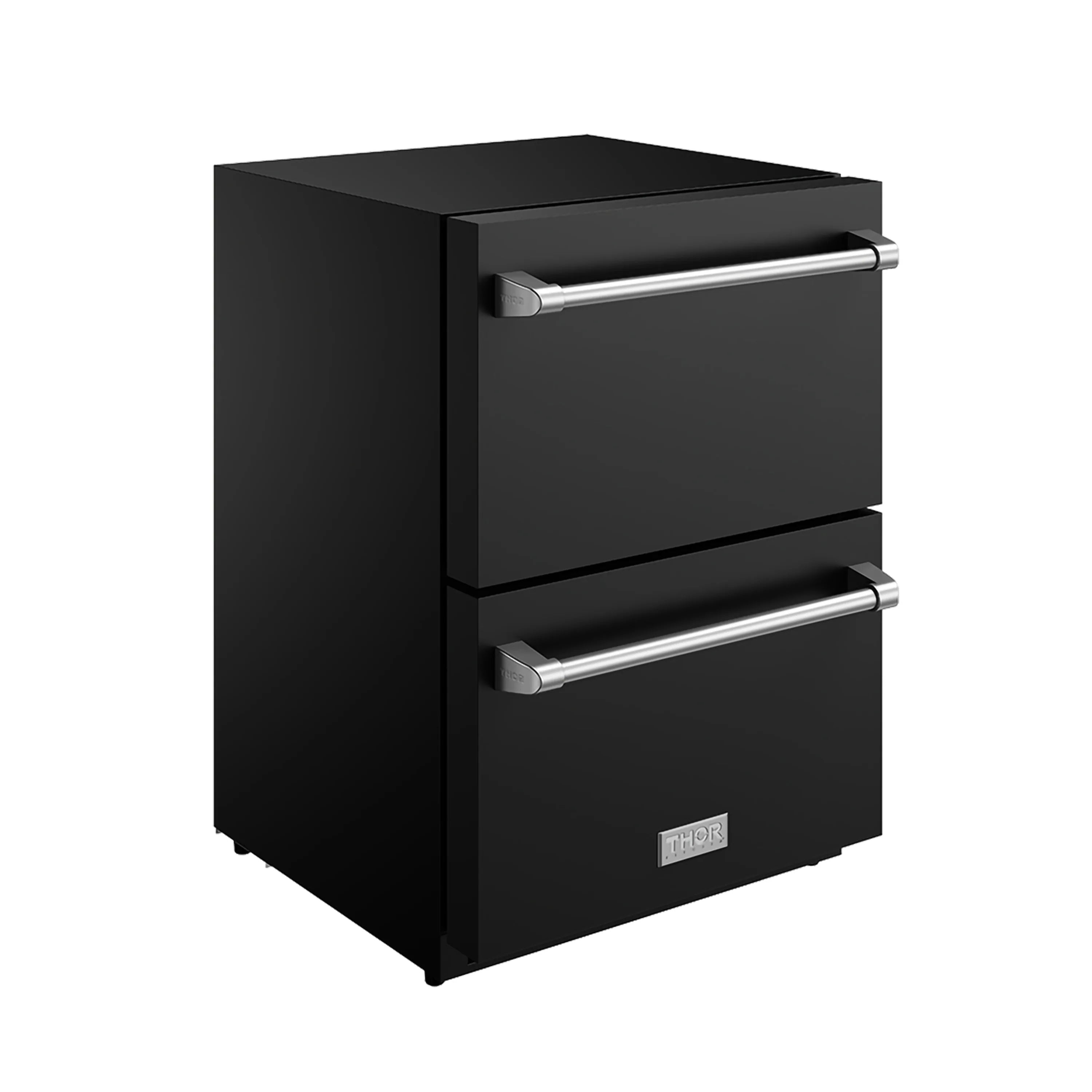 Black drawer refrigerator with two drawers and chrome bar handles