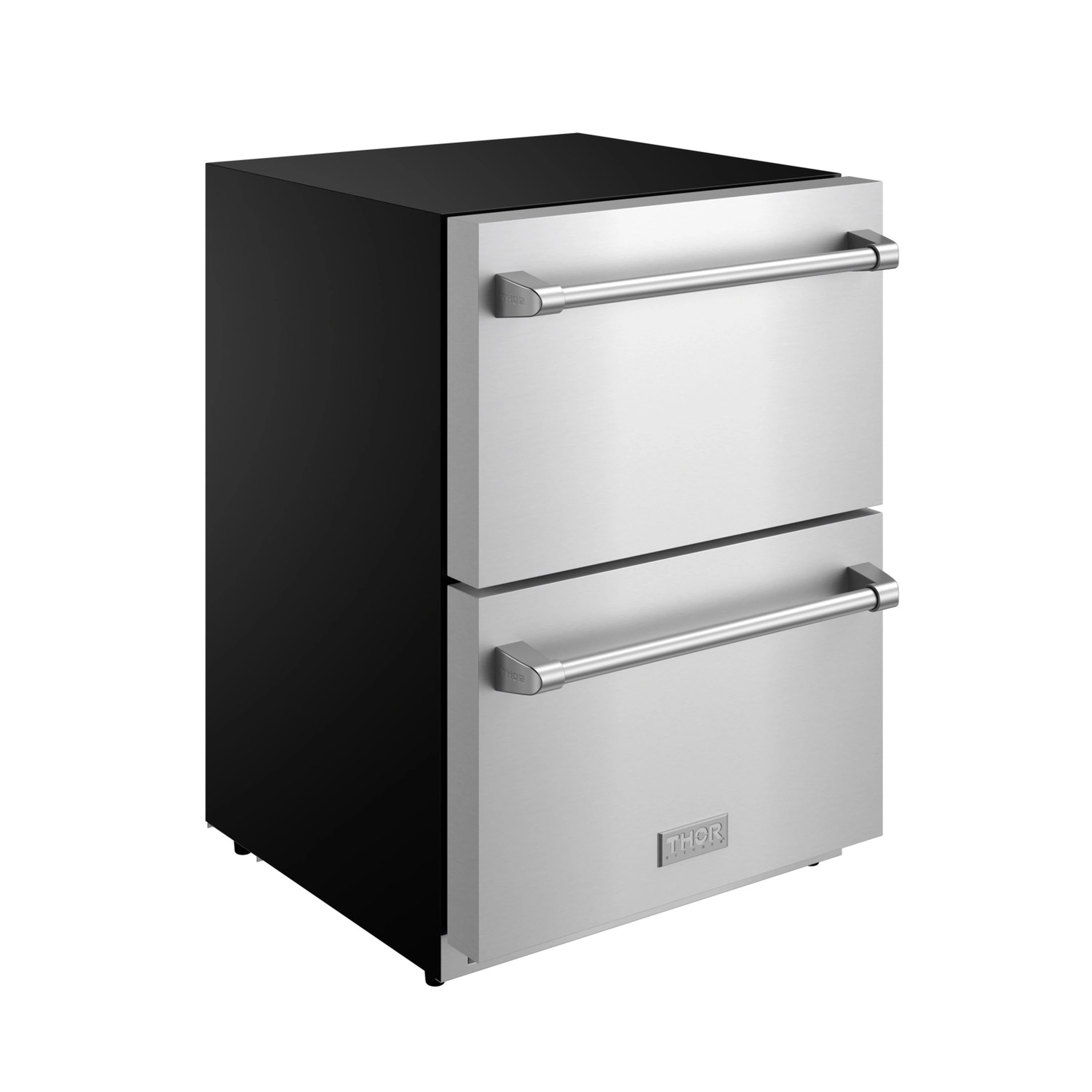 Stainless steel drawer refrigerator with black side panel and two front bar handles