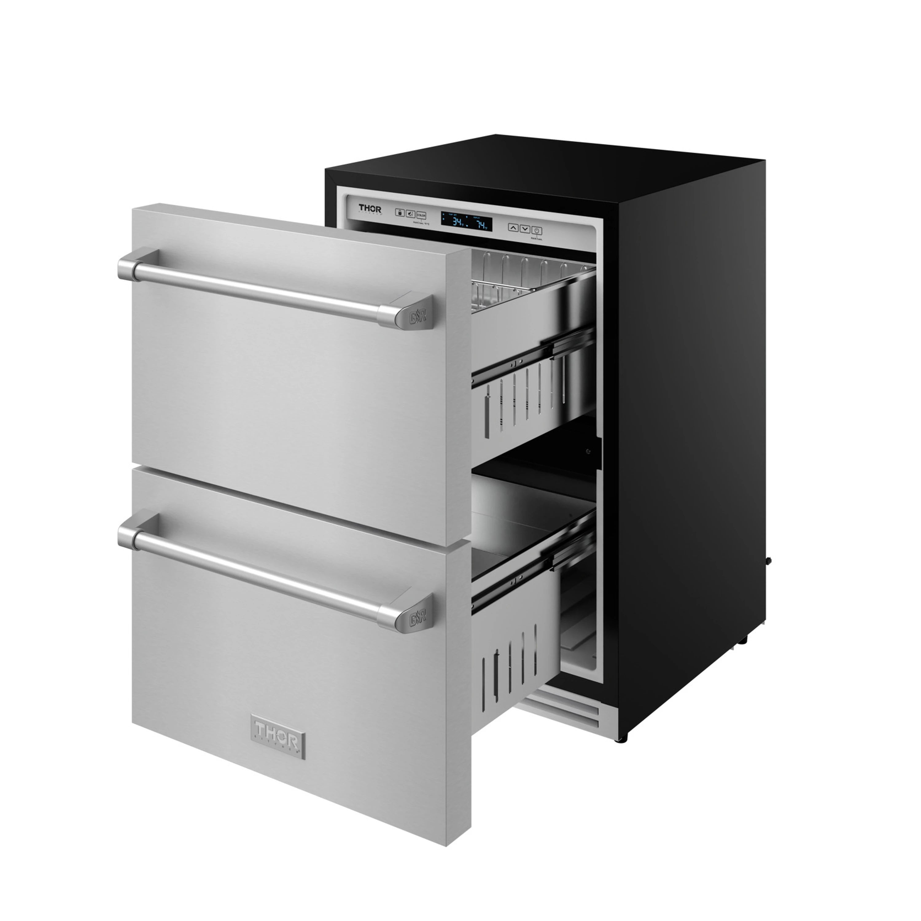 Stainless steel drawer refrigerator with both drawers open, showing interior storage
