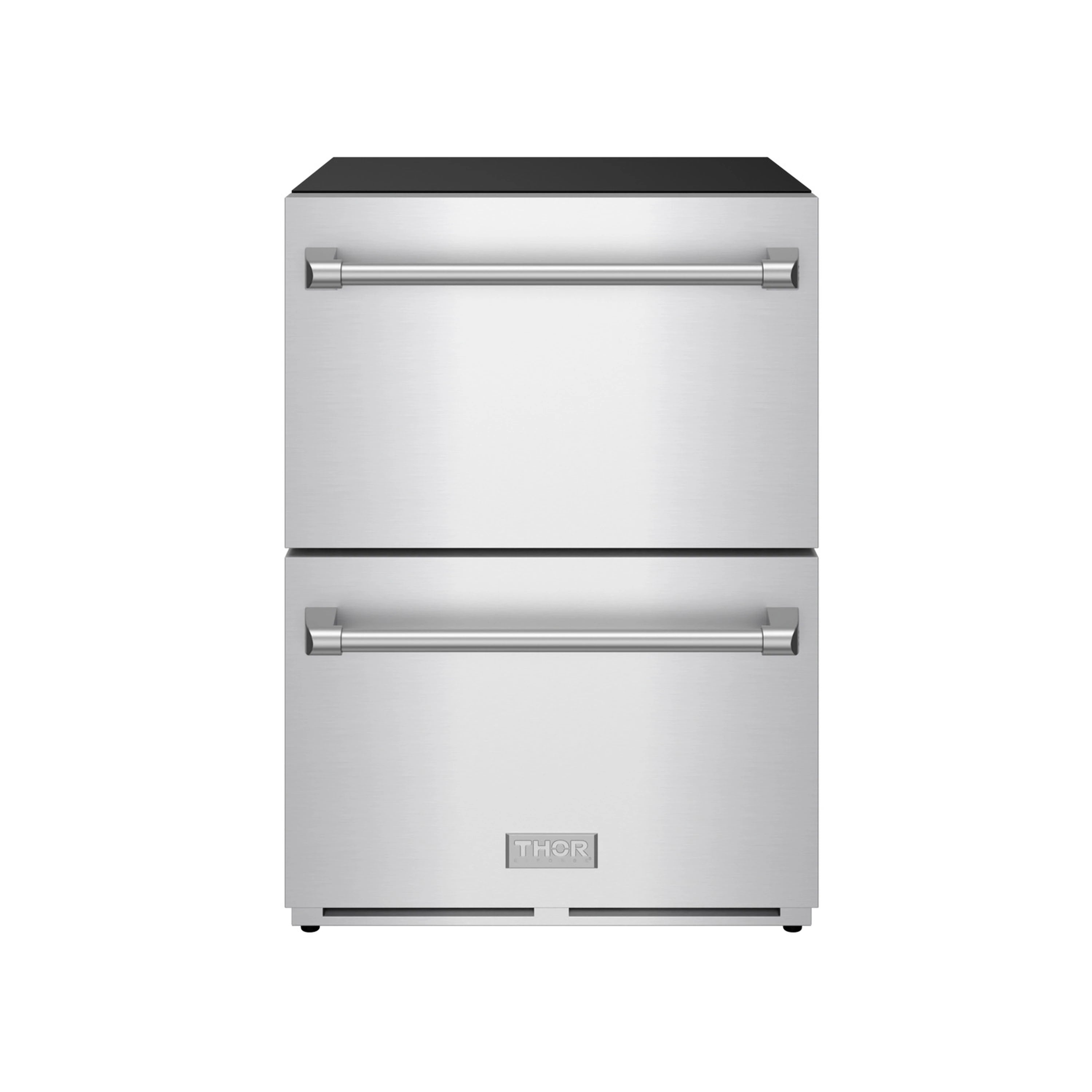 Stainless steel 2-drawer refrigerator with front bar handles and black top