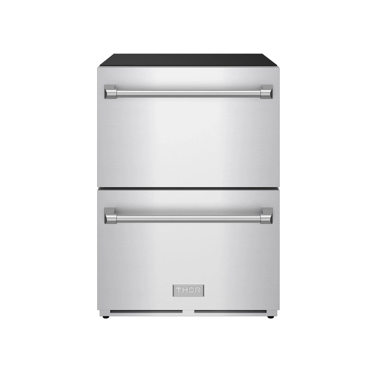 Stainless steel 2-drawer refrigerator with front bar handles and black top