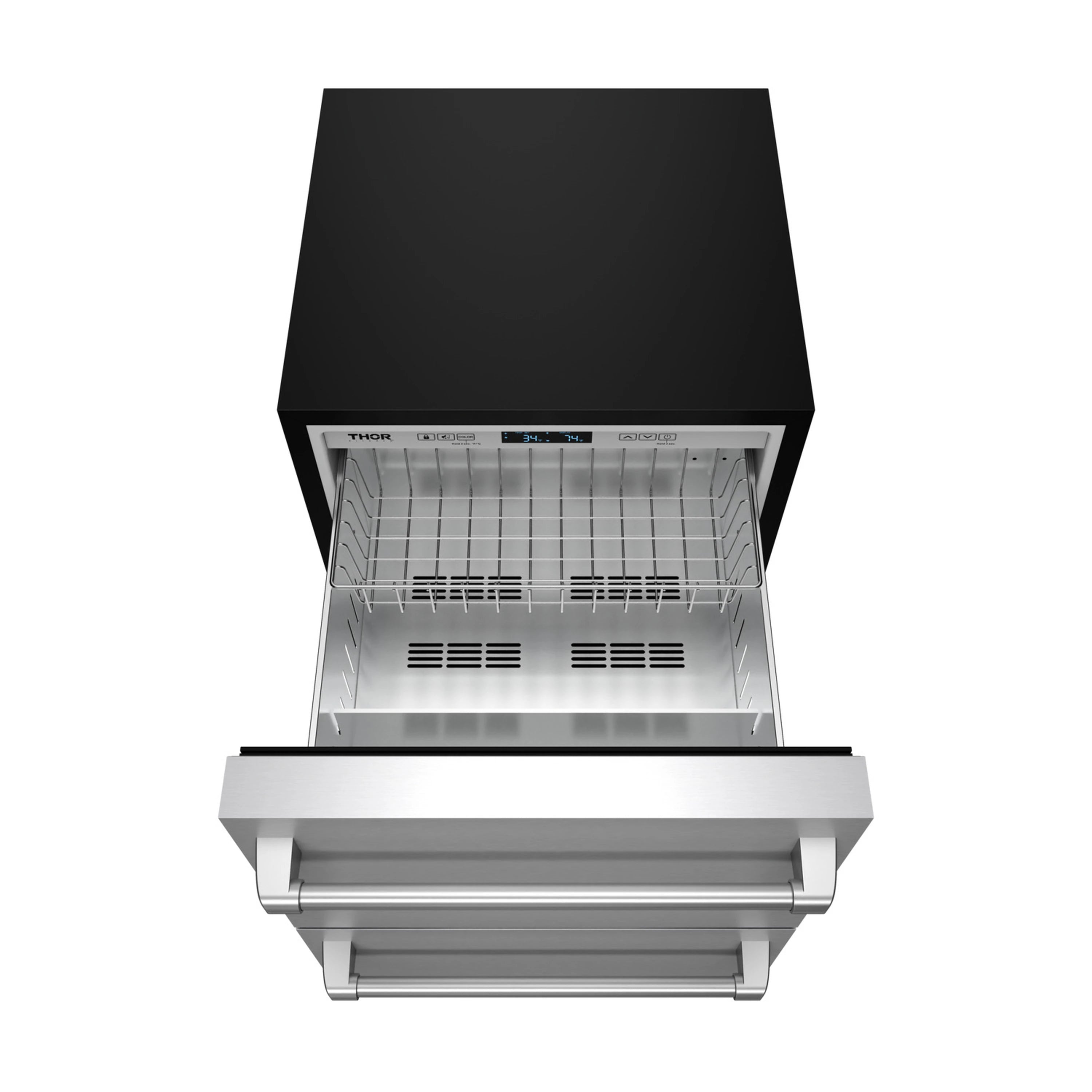Undercounter drawer refrigerator open to reveal metal racks and front pull-out tray