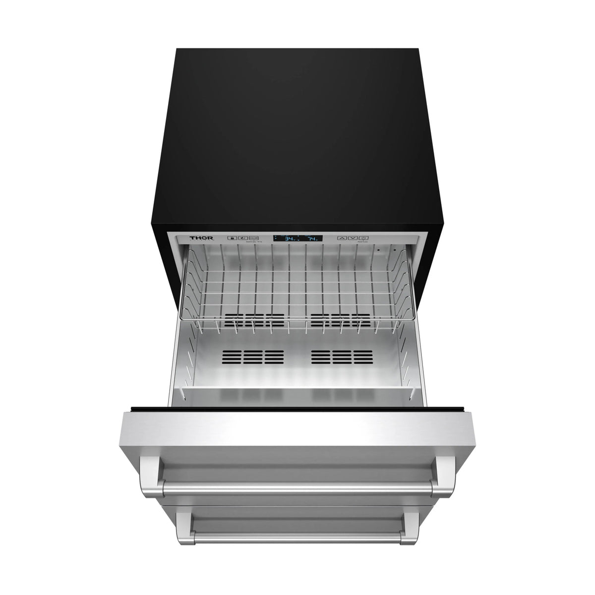 Undercounter drawer refrigerator open to reveal metal racks and front pull-out tray