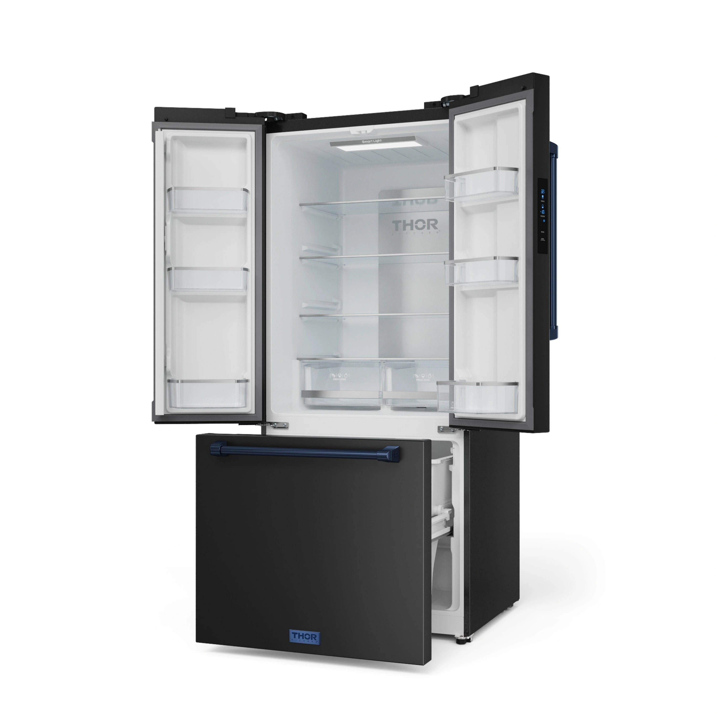 Black French door refrigerator open, clear shelves and white interior compartments