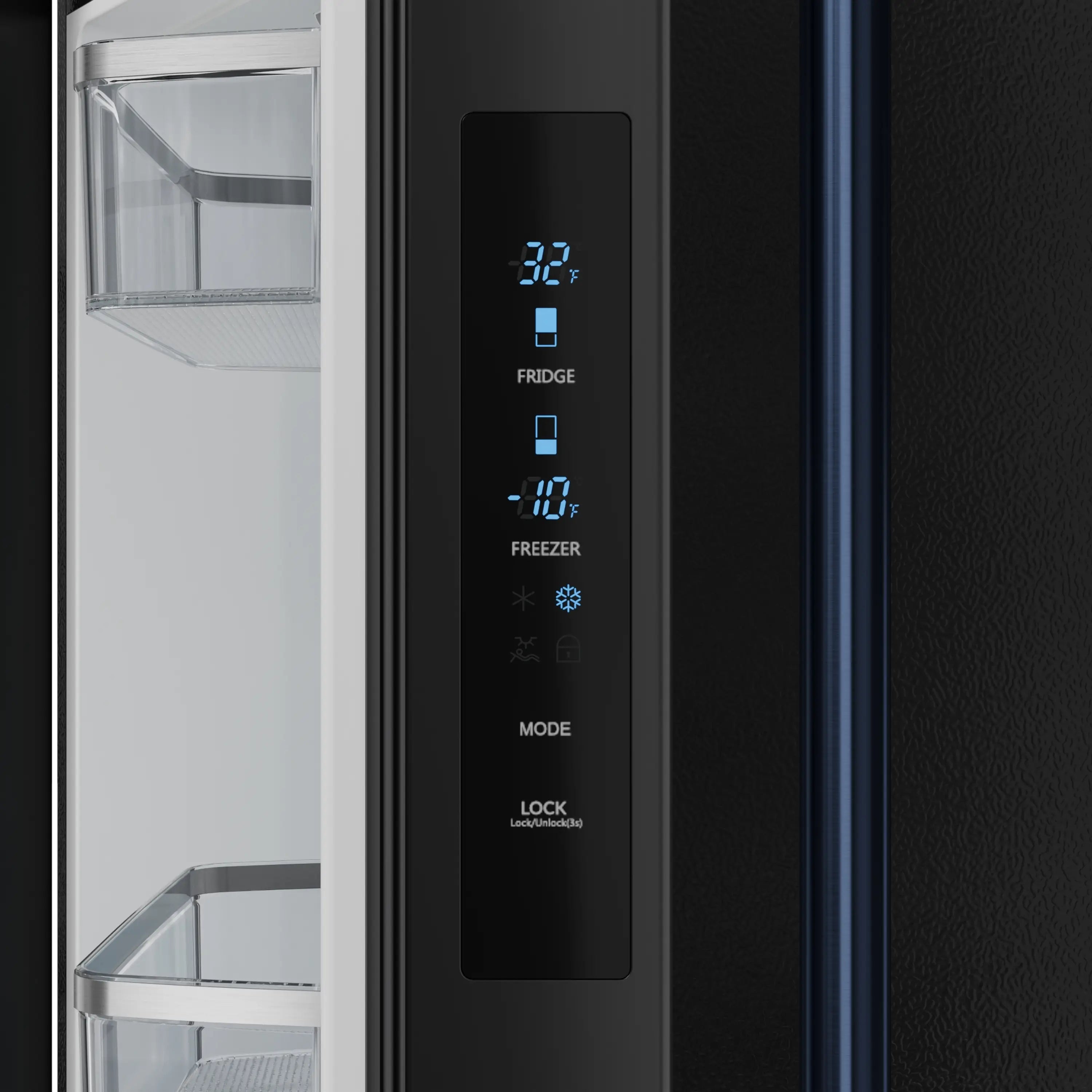 Black refrigerator control panel with blue LED temperature display for fridge and freezer