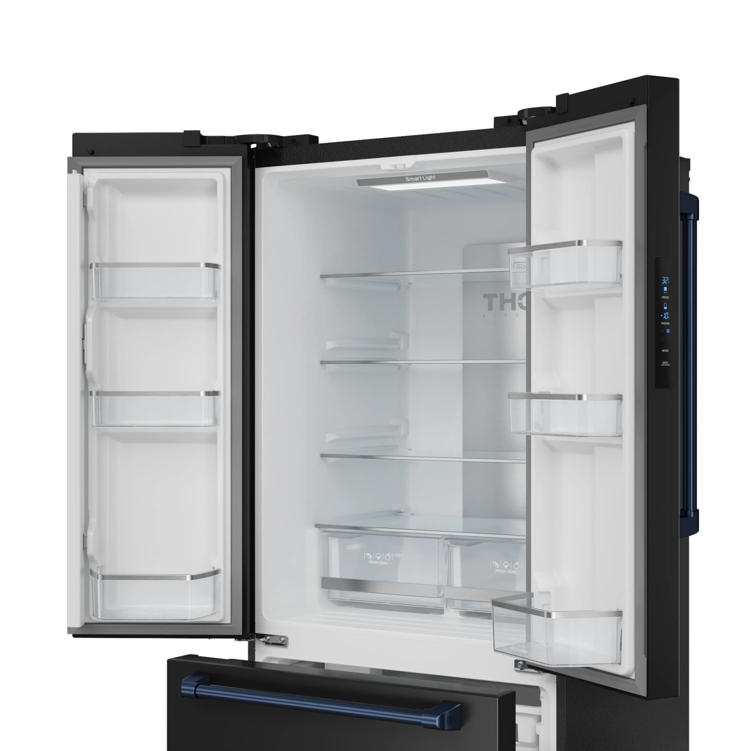 Black French door refrigerator with ice maker, open doors showing white interior shelves