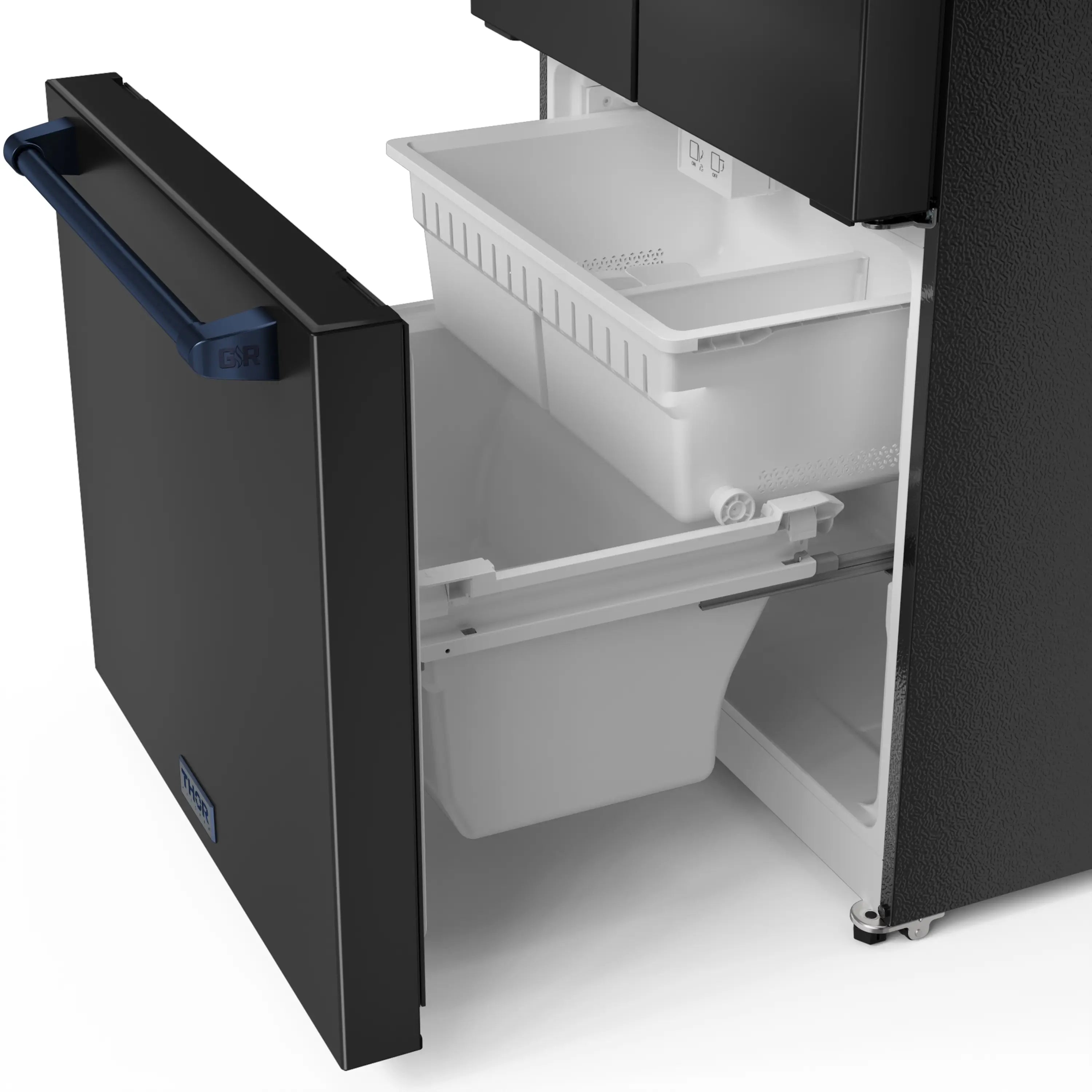 Black refrigerator ice dispenser area with navy-blue handle and white ice bin