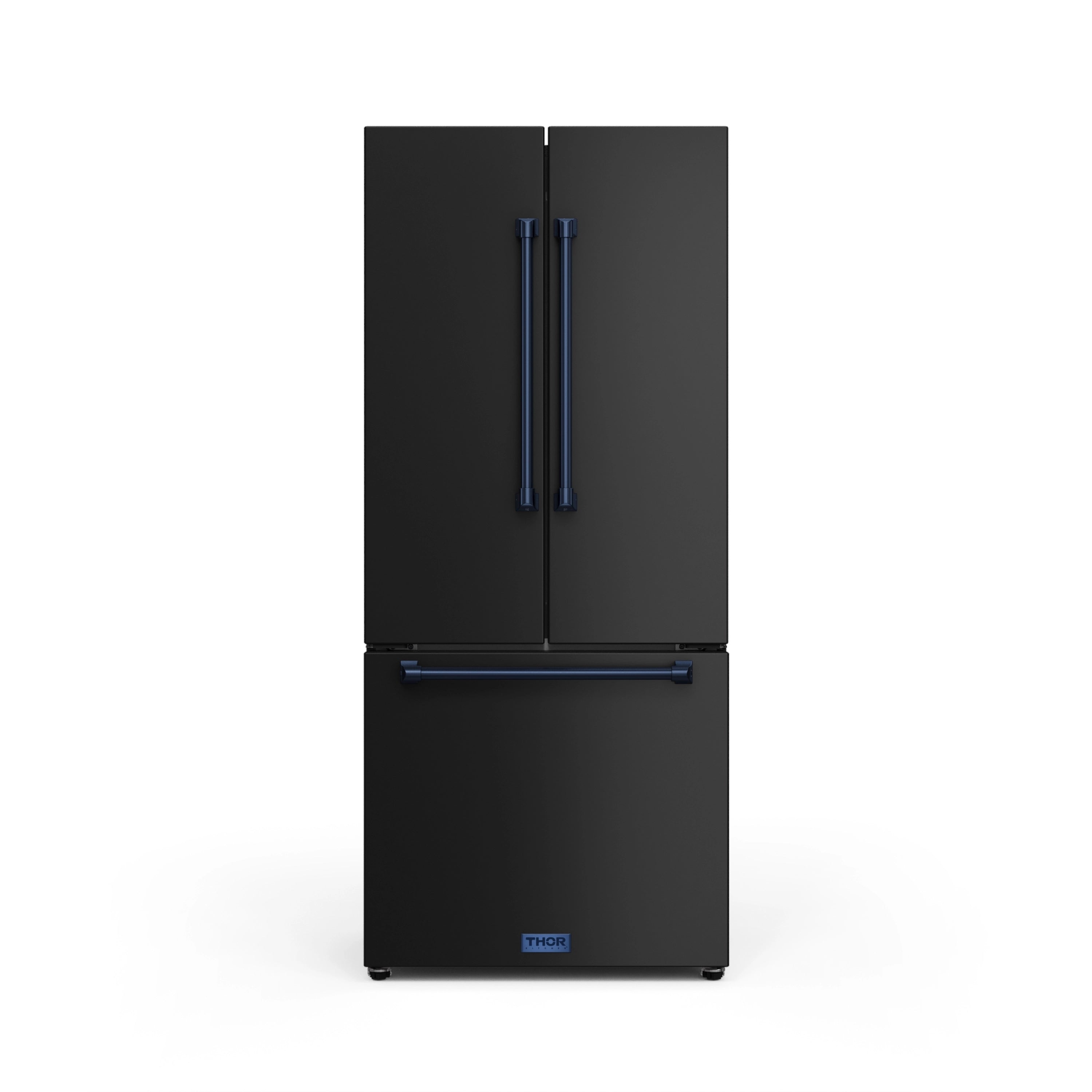 Black counter-depth refrigerator with navy-blue vertical handles and THOR logo