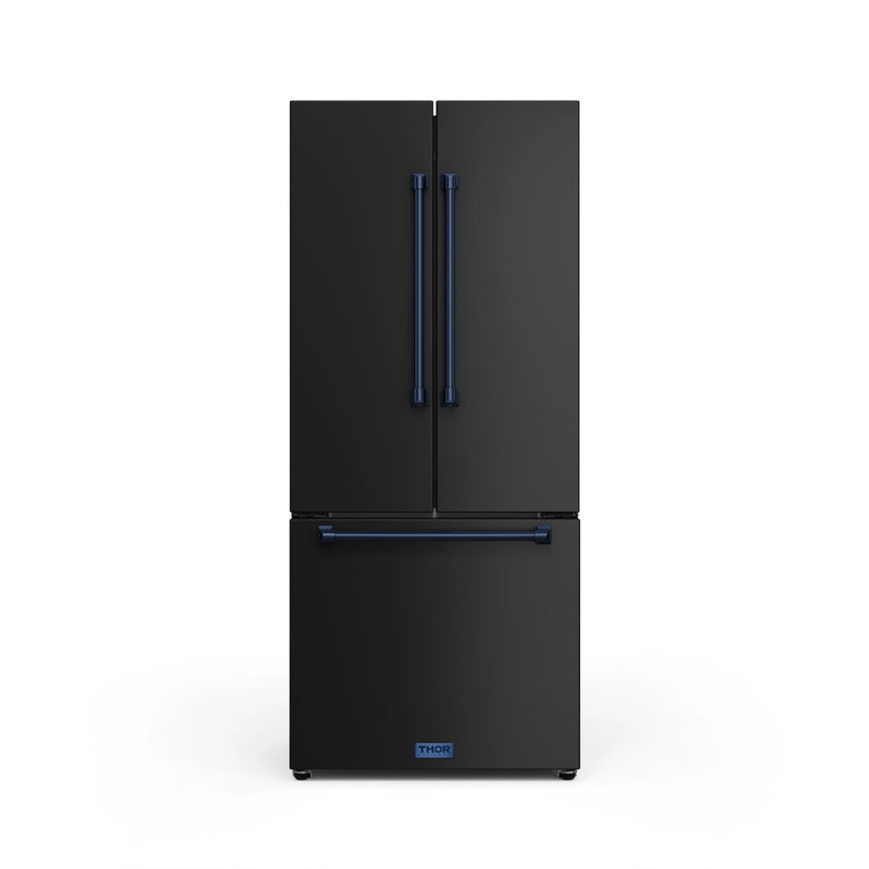 Thor Kitchen Gordon Ramsay Series 30-Inch 17.5 cu ft French Door Counter Depth Refrigerator with Ice Maker in Black with Navy Blue Trim (RF3017FFD00-BLU)