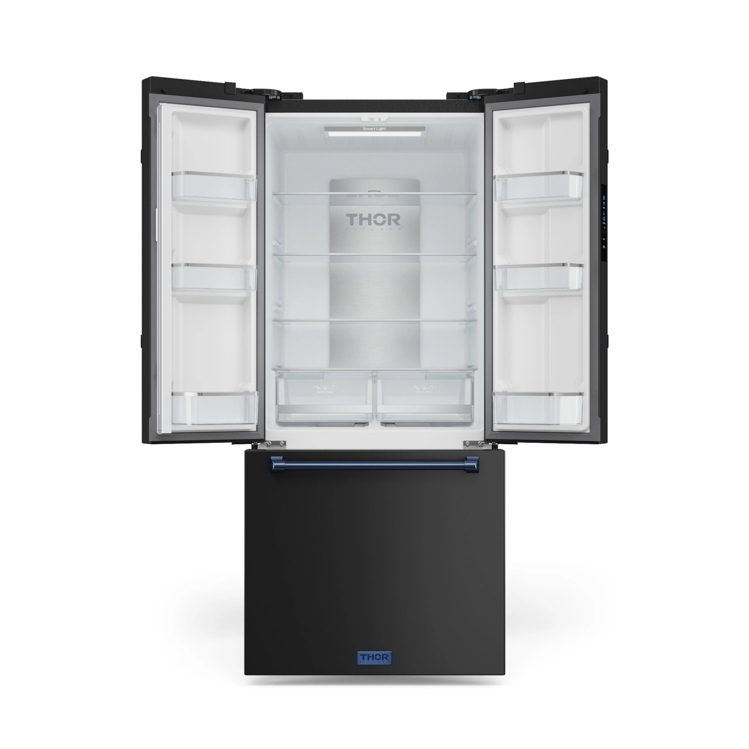 Open black French door refrigerator with white shelves and pull-out freezer bin