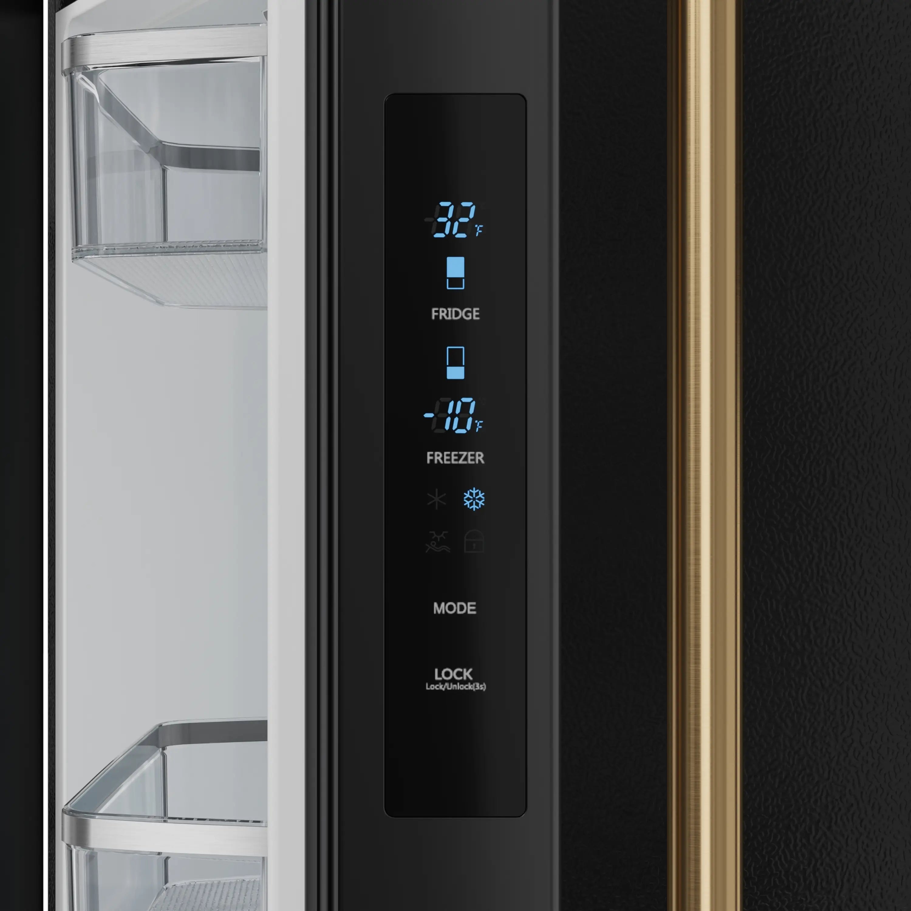 Black refrigerator door control panel with blue temperature display and bronze side trim