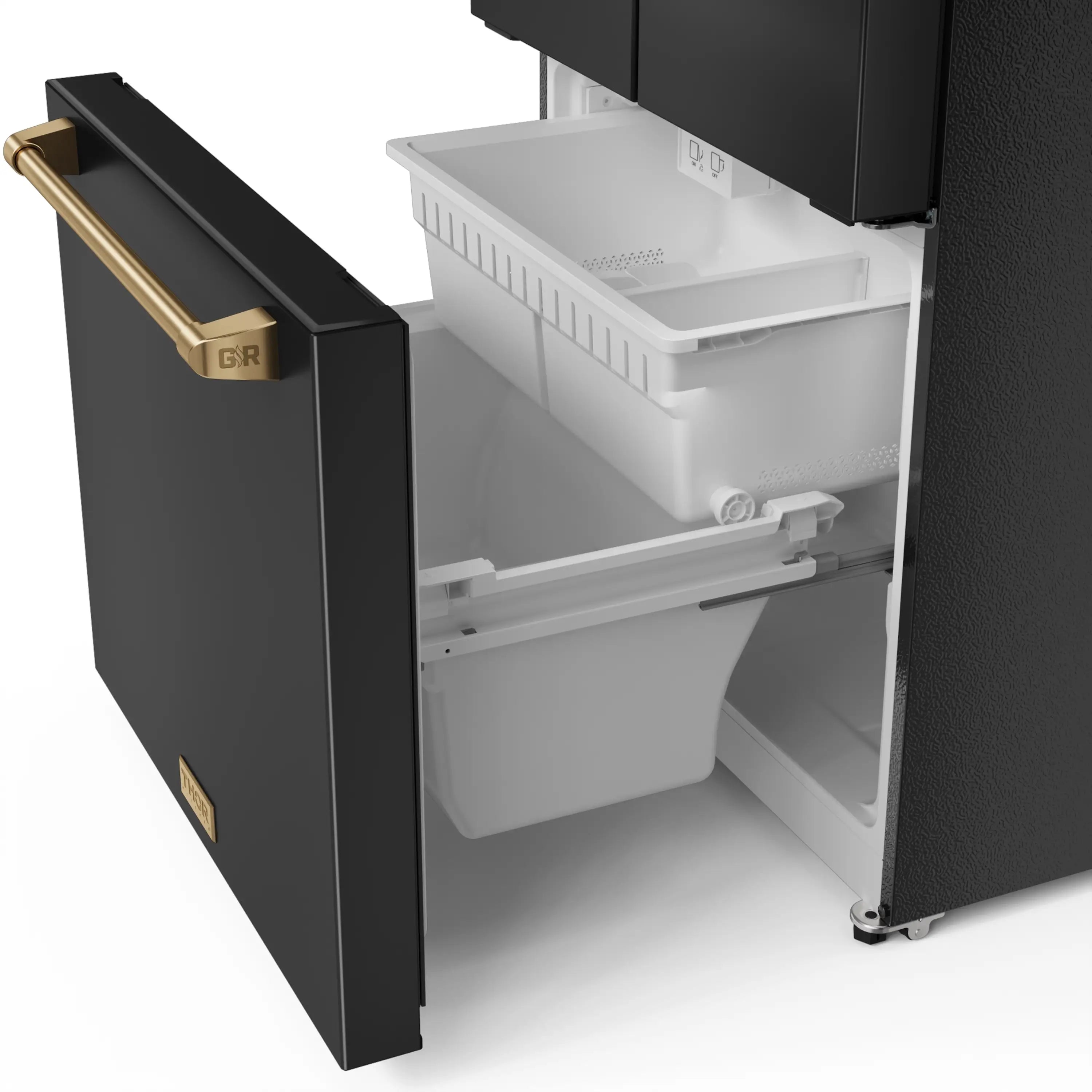 Open freezer compartment with black cabinet and white pull-out drawer